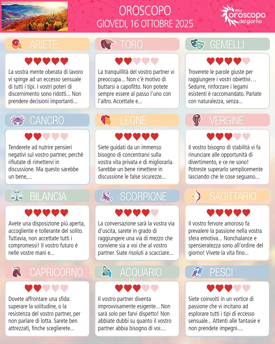 Horoscope du giovedi 16 ottobre 2025