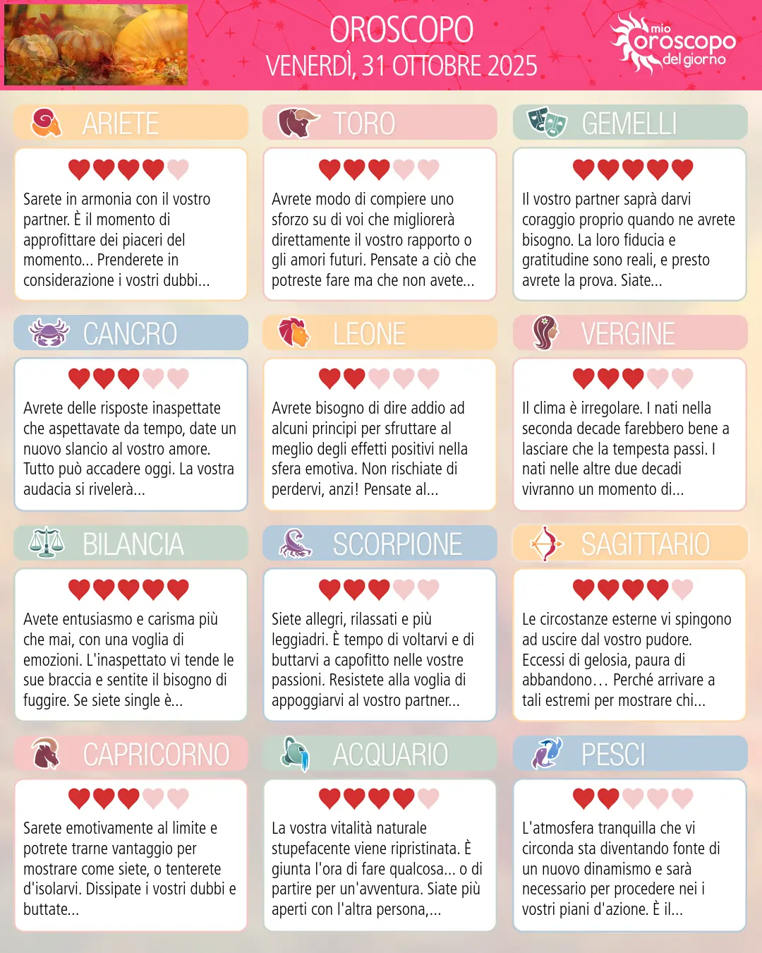 Oroscopo di venerdì 31 ottobre 2025