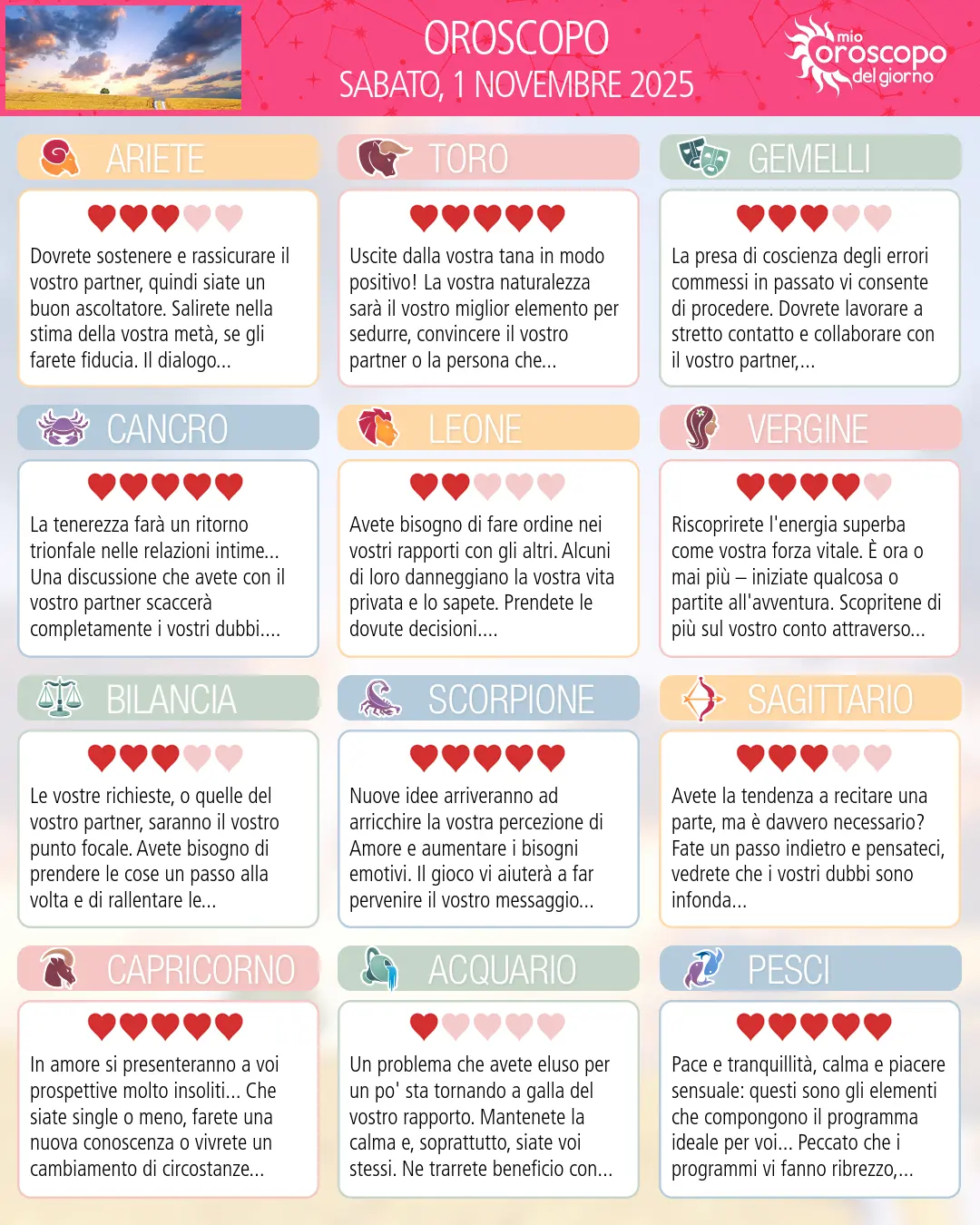 Oroscopo di sabato 1 novembre 2025