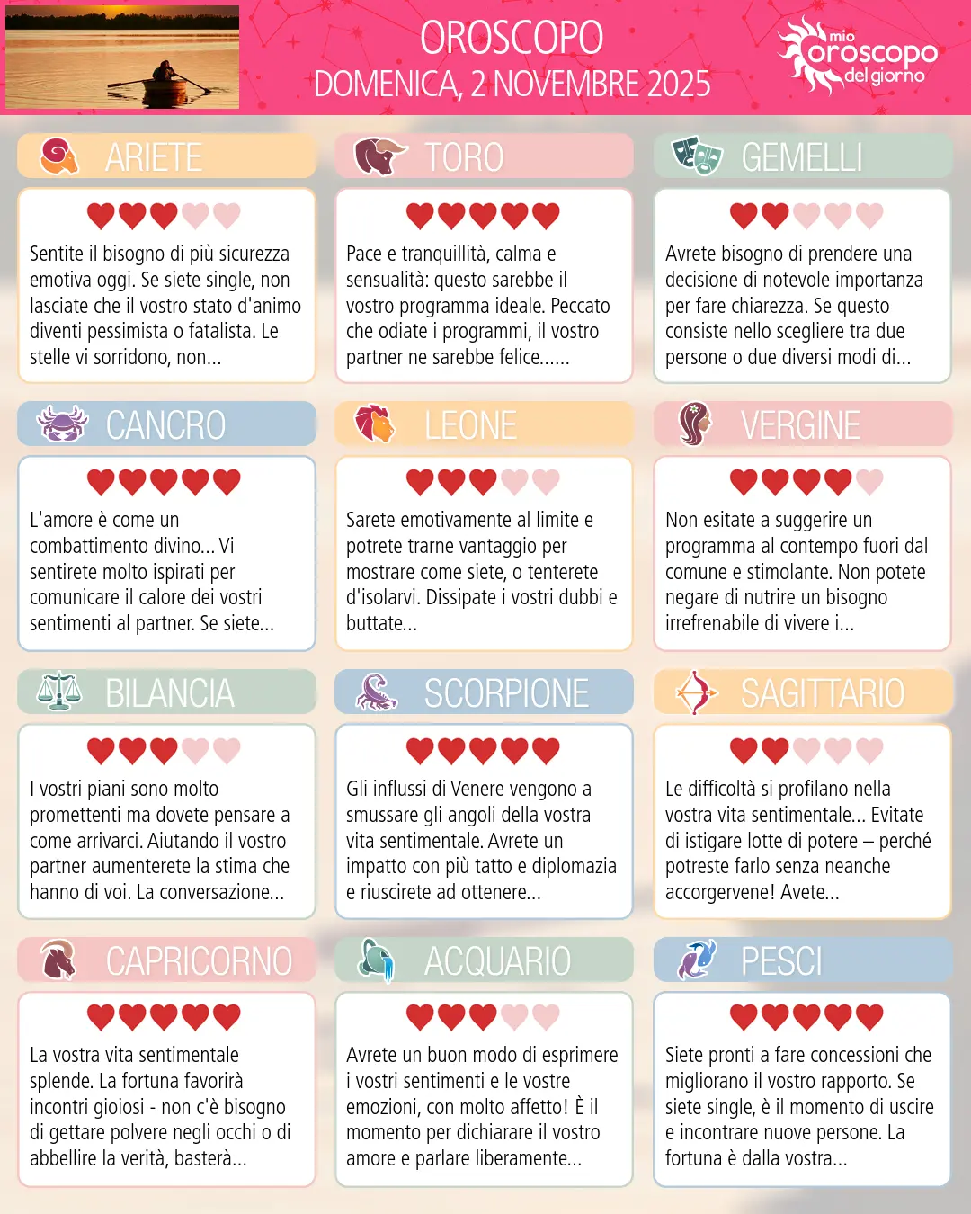 Oroscopo di domenica 2 novembre 2025