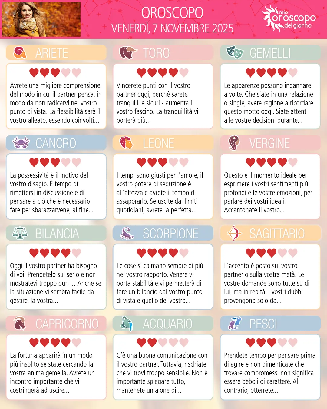 Oroscopo di venerdì 7 novembre 2025