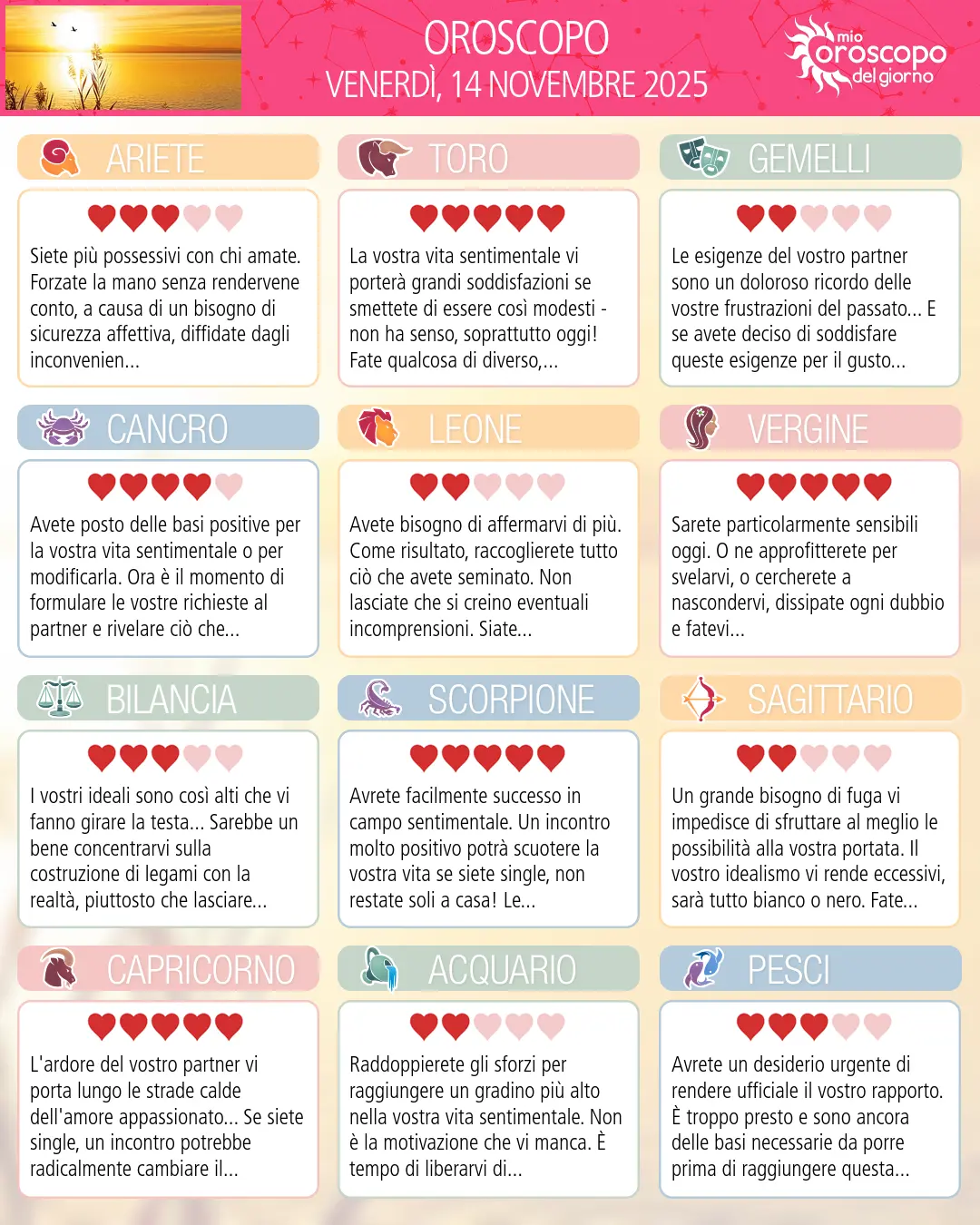 Oroscopo di venerdì 14 novembre 2025
