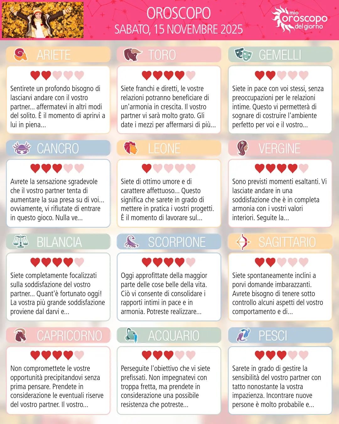 Oroscopo di sabato 15 novembre 2025