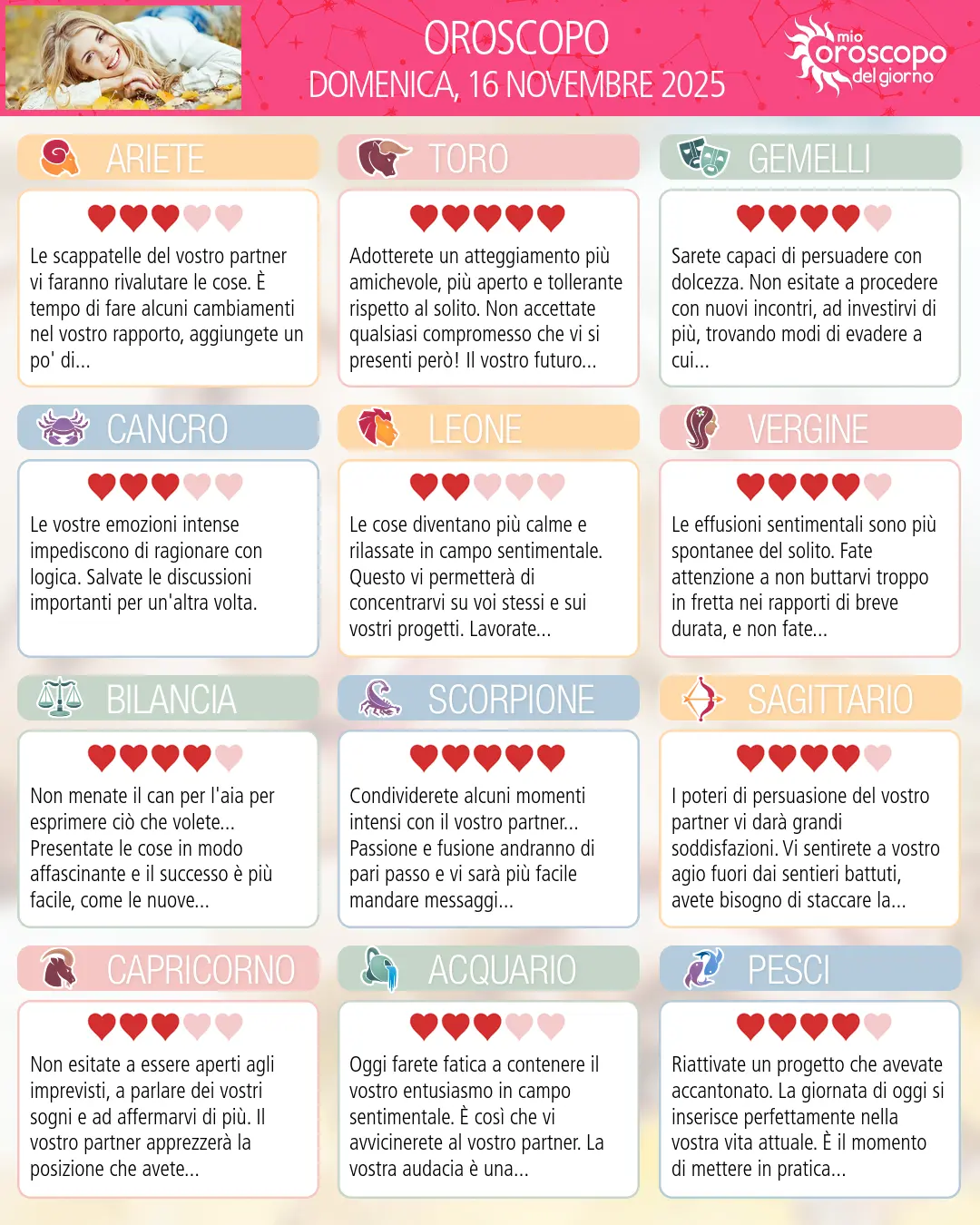 Oroscopo di domenica 16 novembre 2025