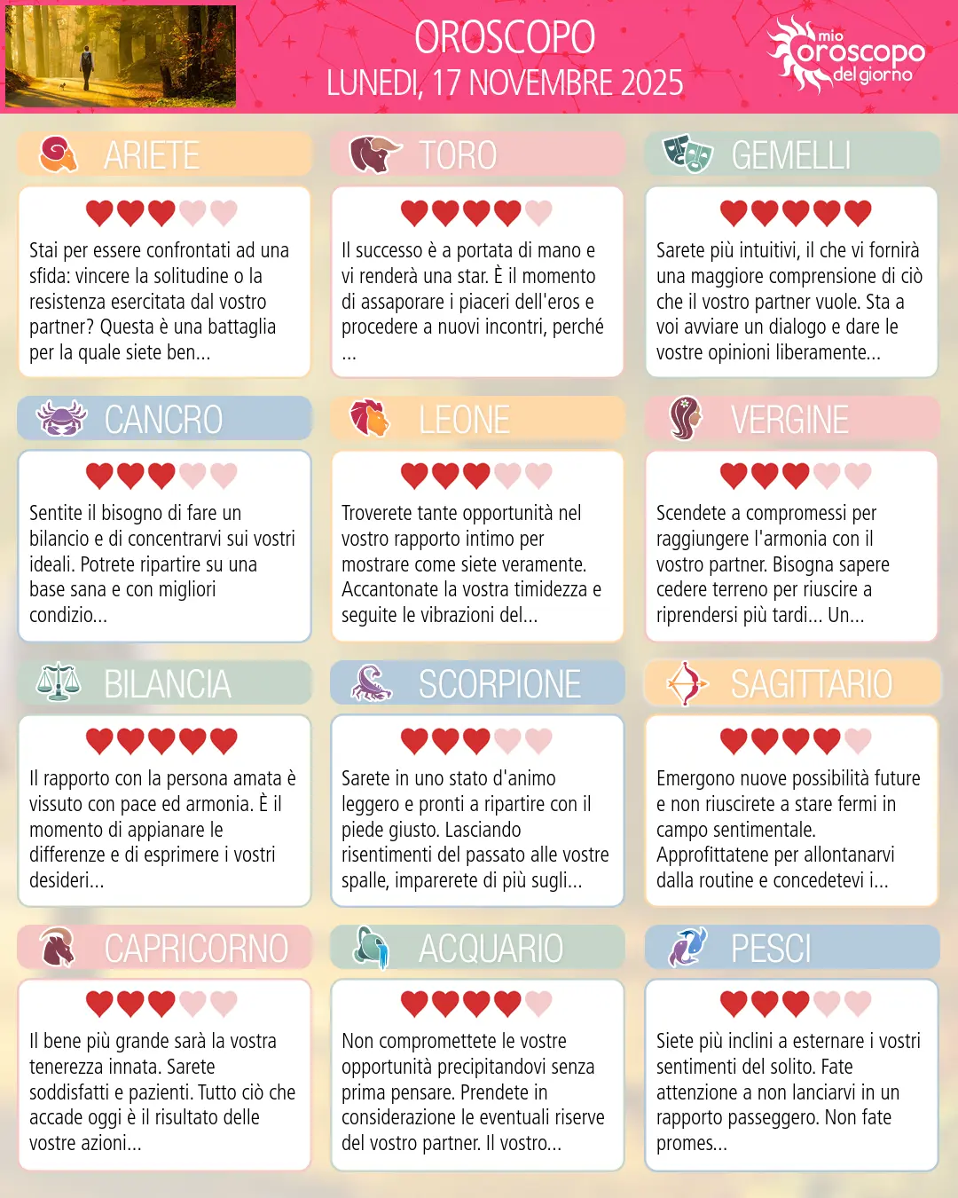 Oroscopo di lunedi 17 novembre 2025