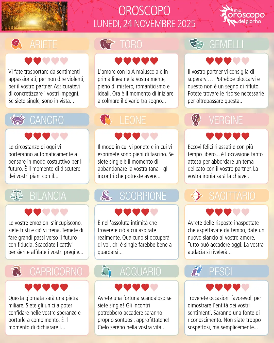 Oroscopo di lunedi 24 novembre 2025