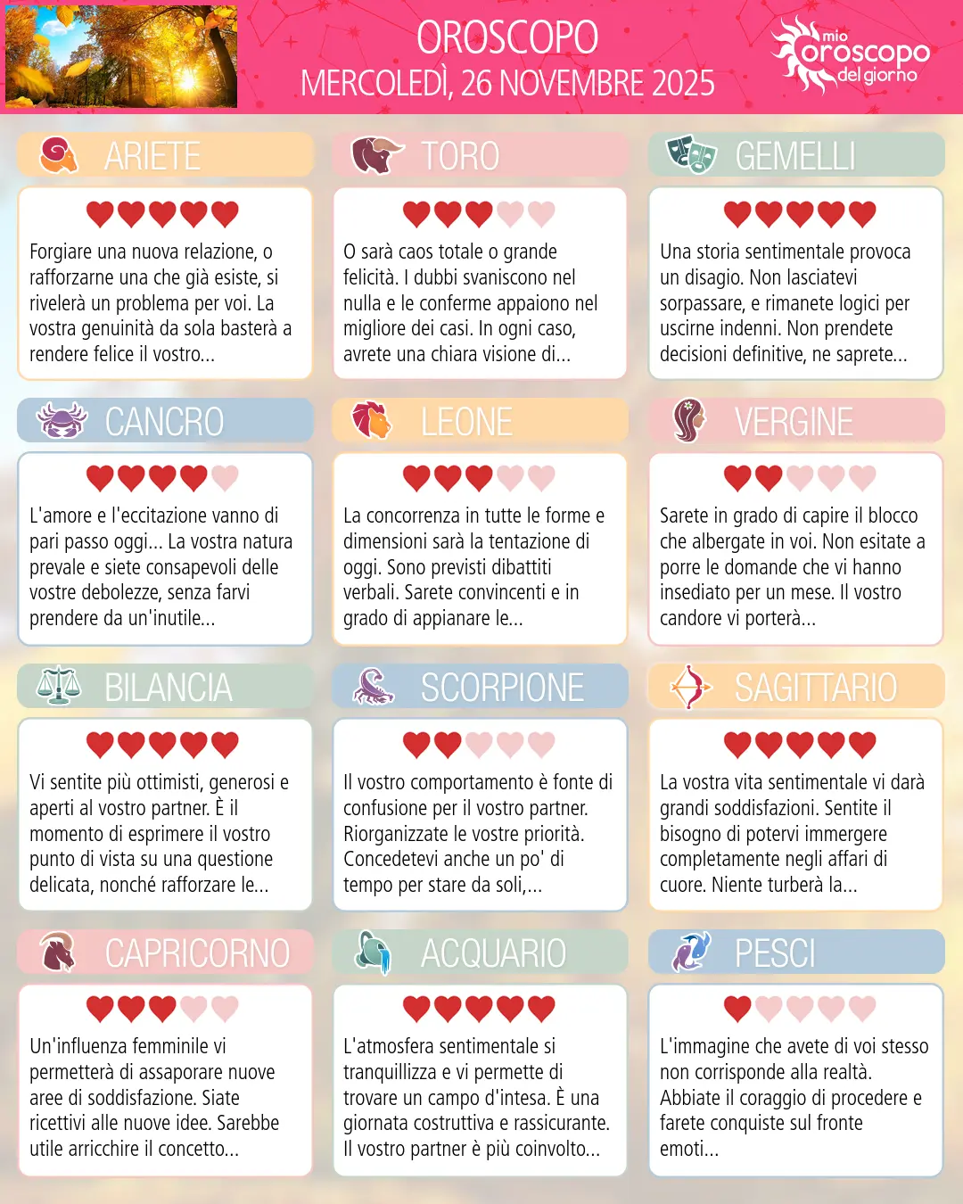 Oroscopo di mercoledì 26 novembre 2025