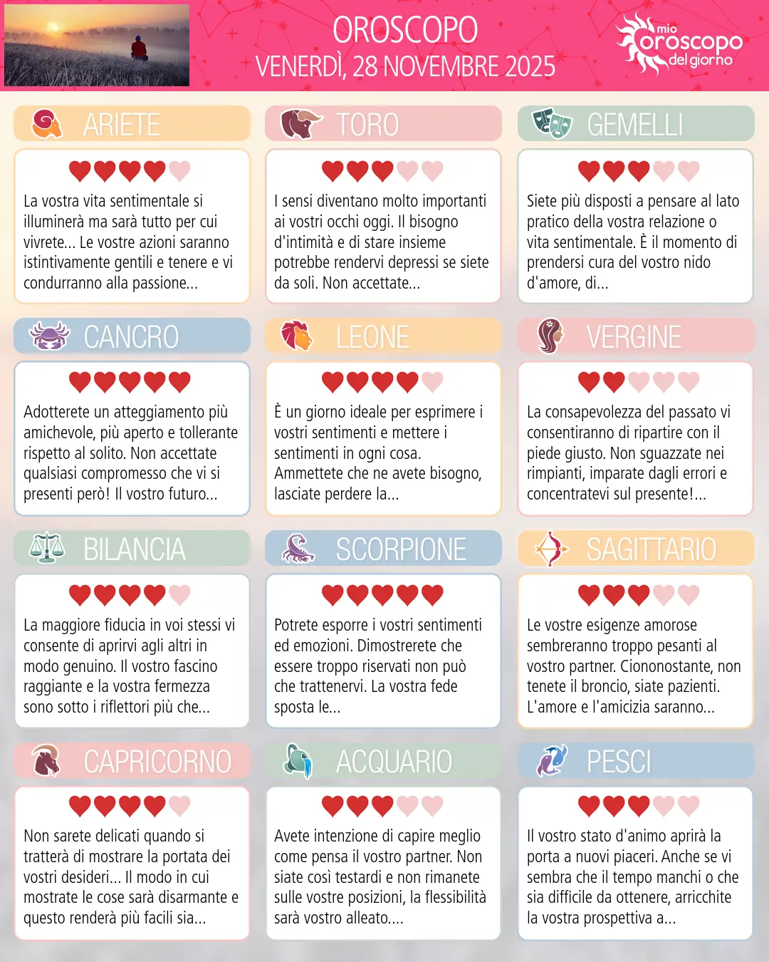 Oroscopo di venerdì 28 novembre 2025