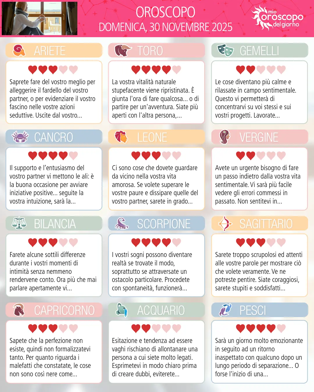 Oroscopo di domenica 30 novembre 2025