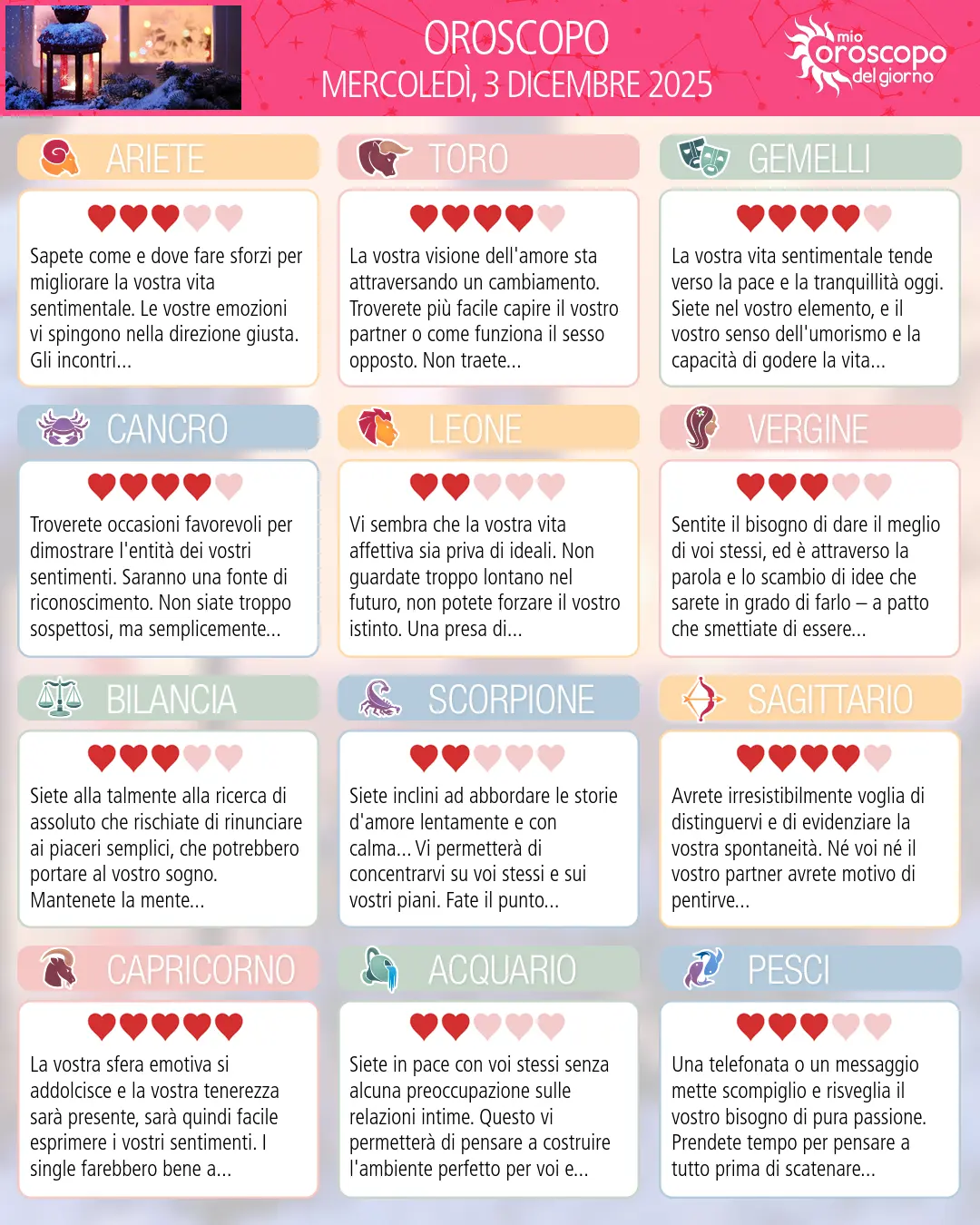 Oroscopo di mercoledì 3 dicembre 2025