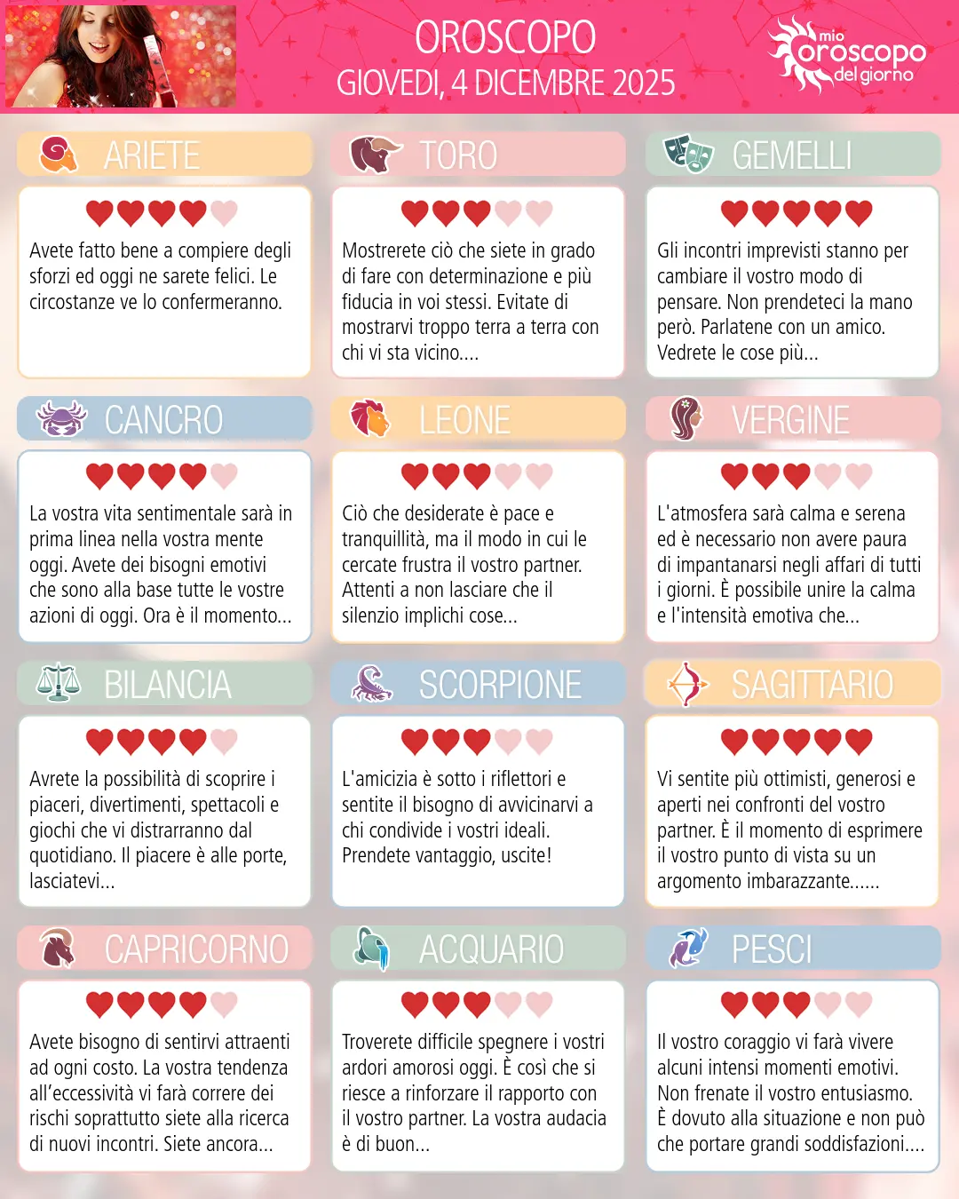 Oroscopo di giovedi 4 dicembre 2025