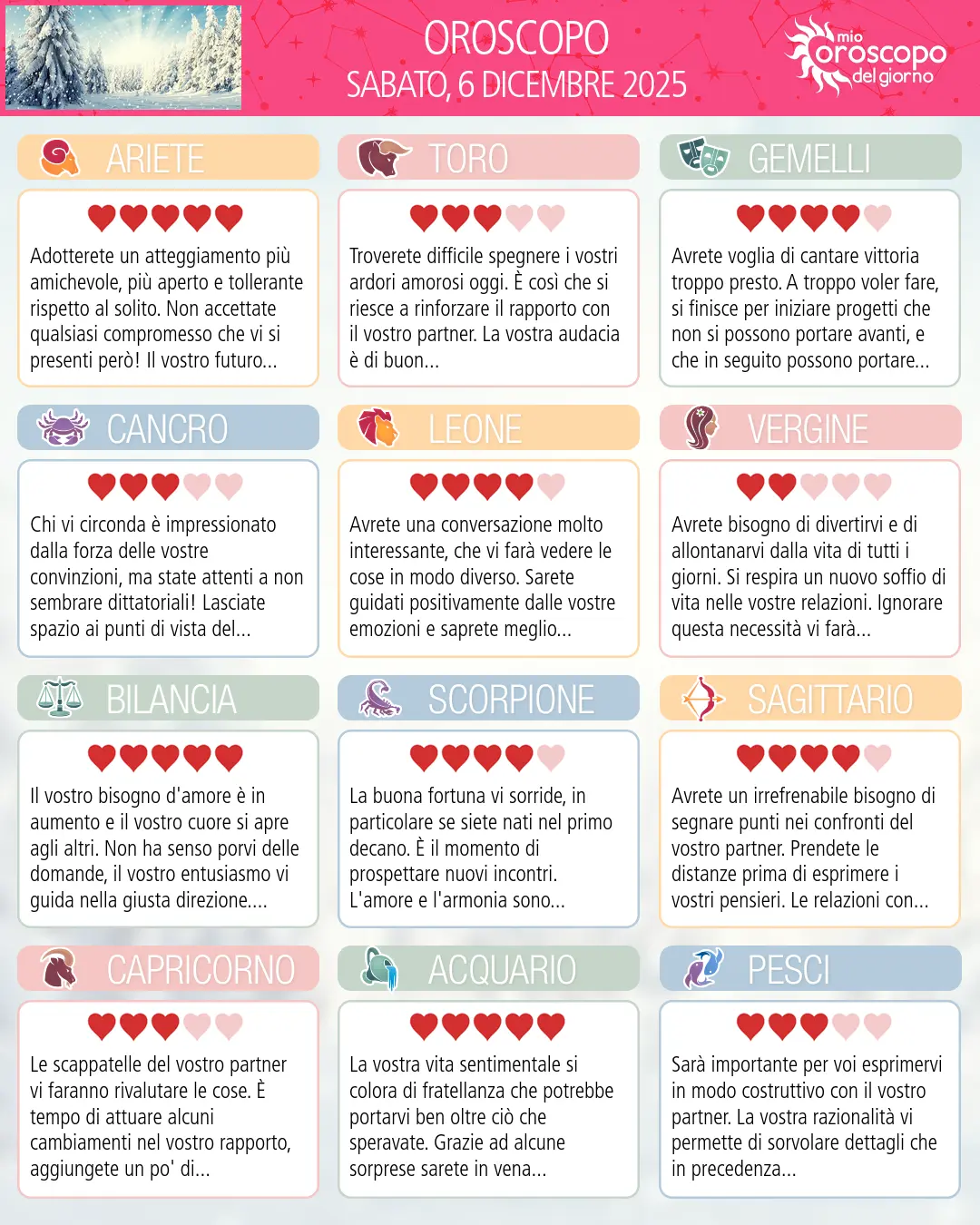 Oroscopo di sabato 6 dicembre 2025