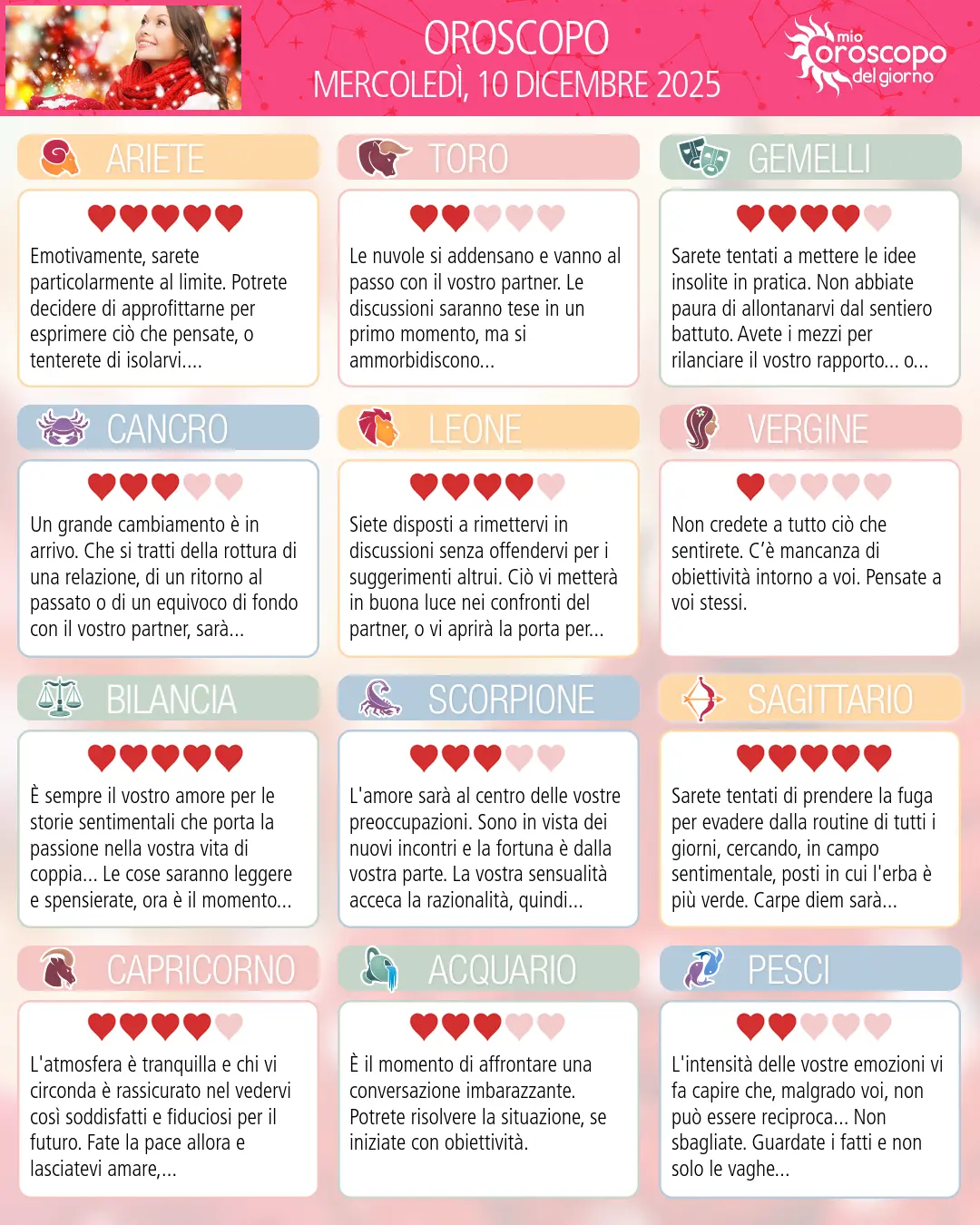 Oroscopo di mercoledì 10 dicembre 2025