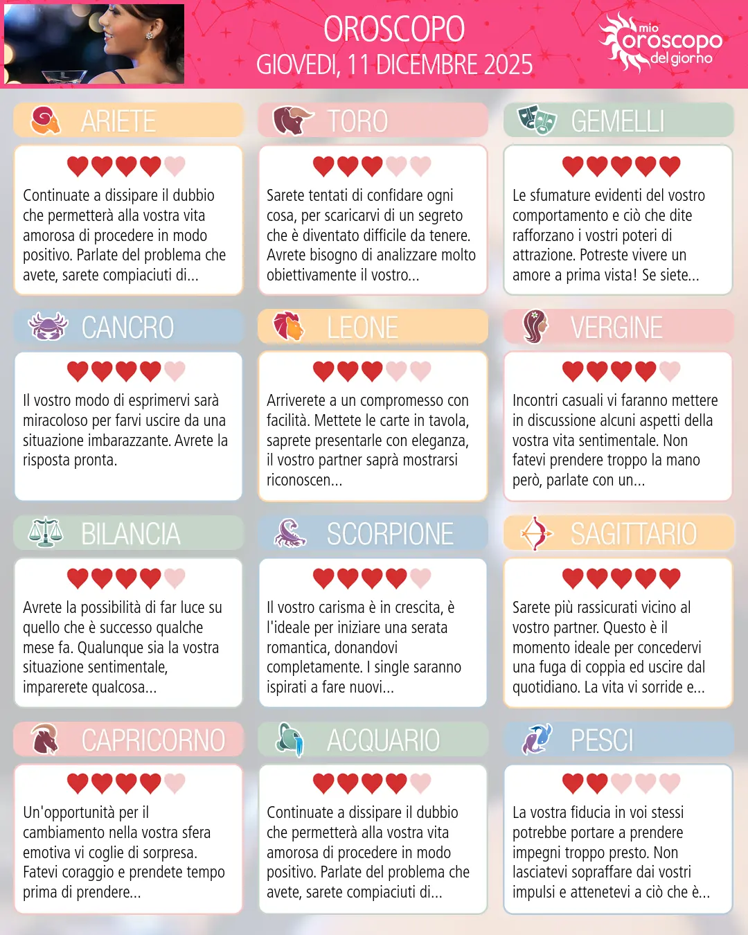 Oroscopo di giovedi 11 dicembre 2025