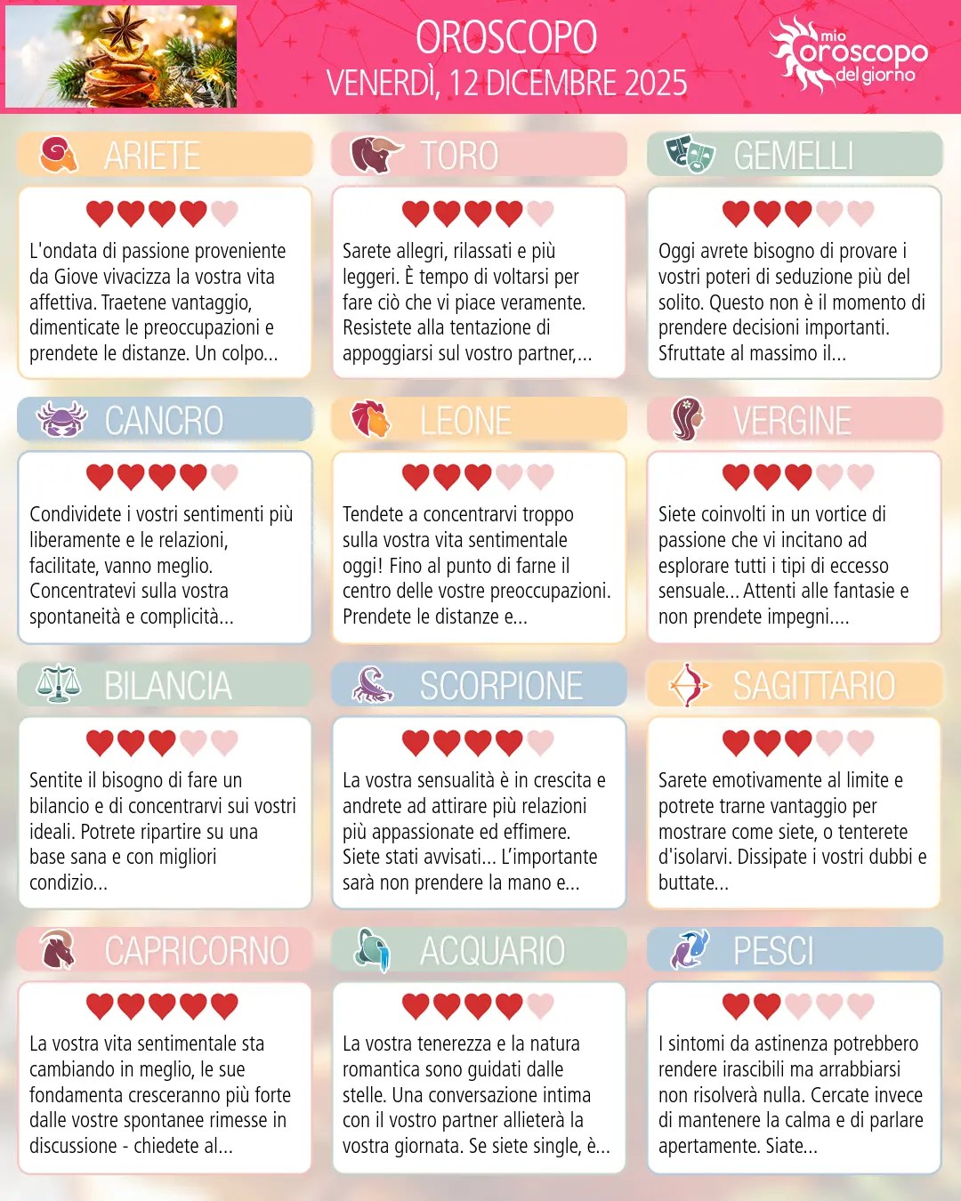 Oroscopo di venerdì 12 dicembre 2025