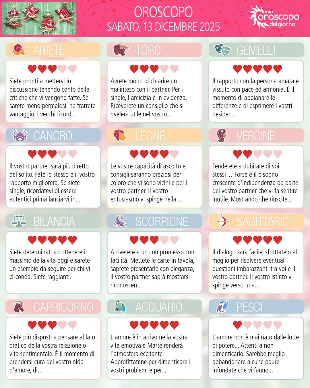 Oroscopo di sabato 13 dicembre 2025