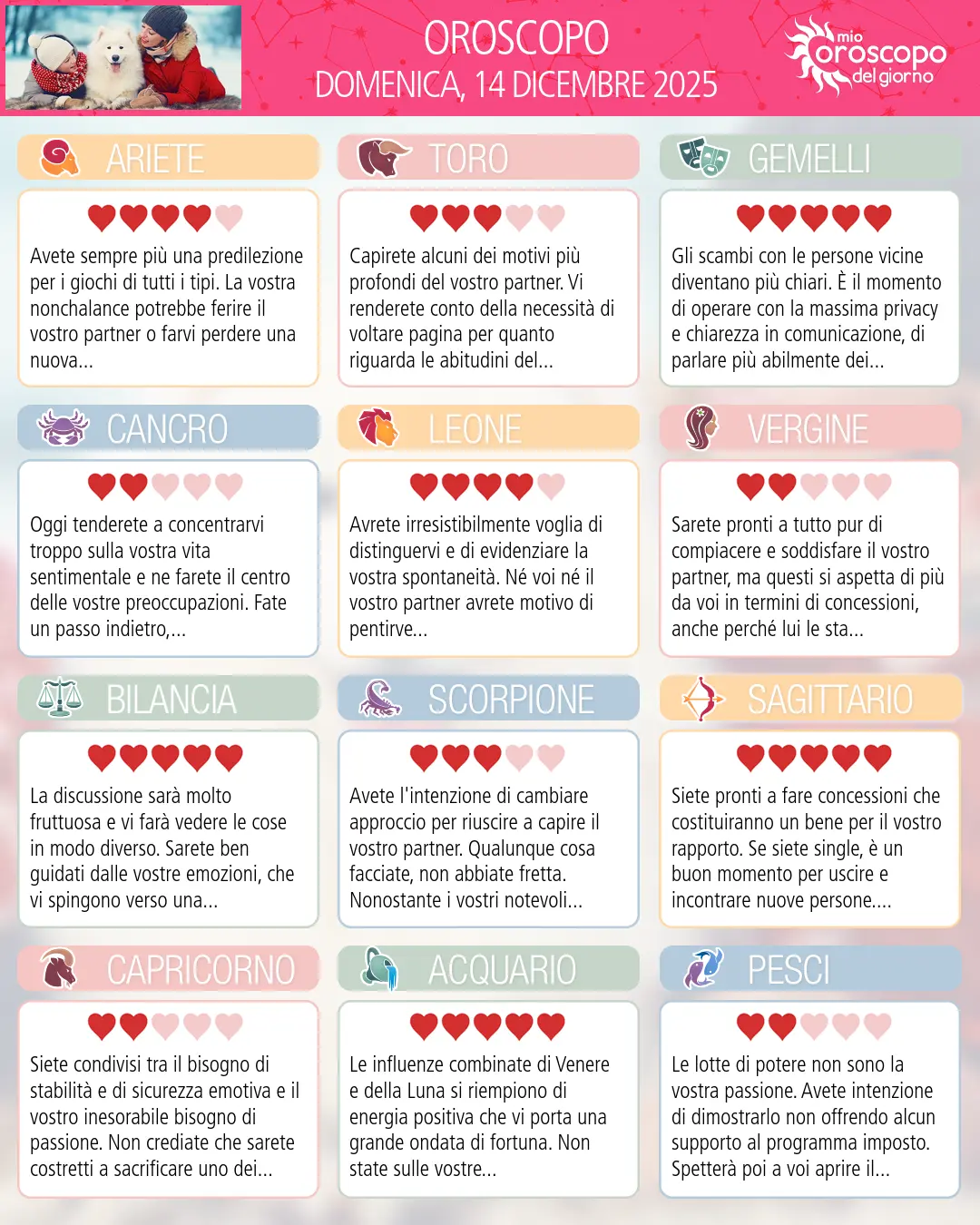 Oroscopo di domenica 14 dicembre 2025