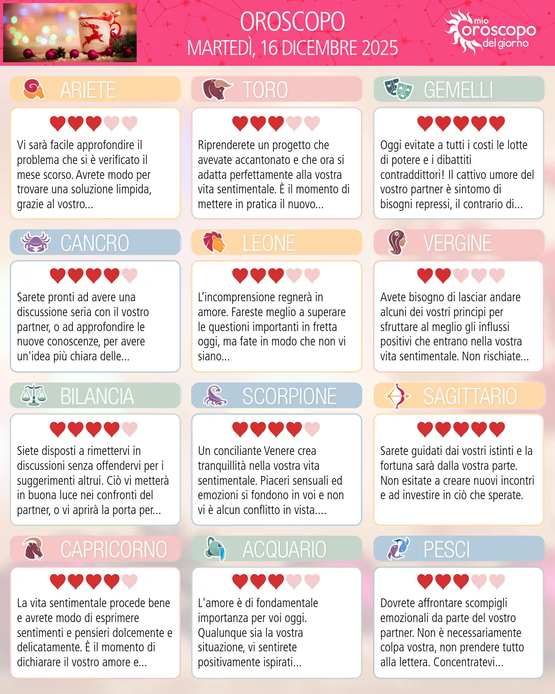 Oroscopo di martedì 16 dicembre 2025