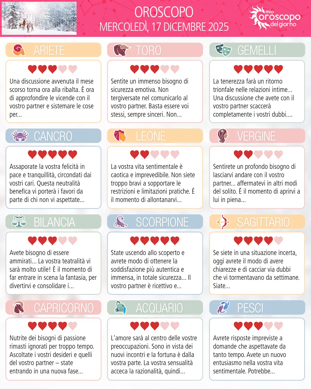 Oroscopo di mercoledì 17 dicembre 2025