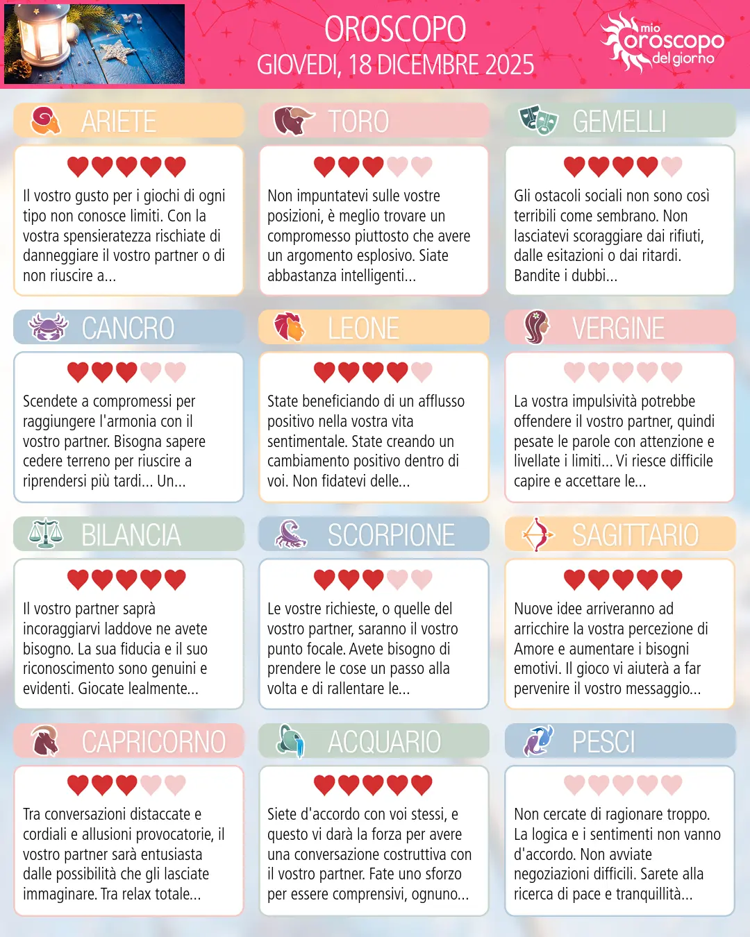 Oroscopo di giovedi 18 dicembre 2025