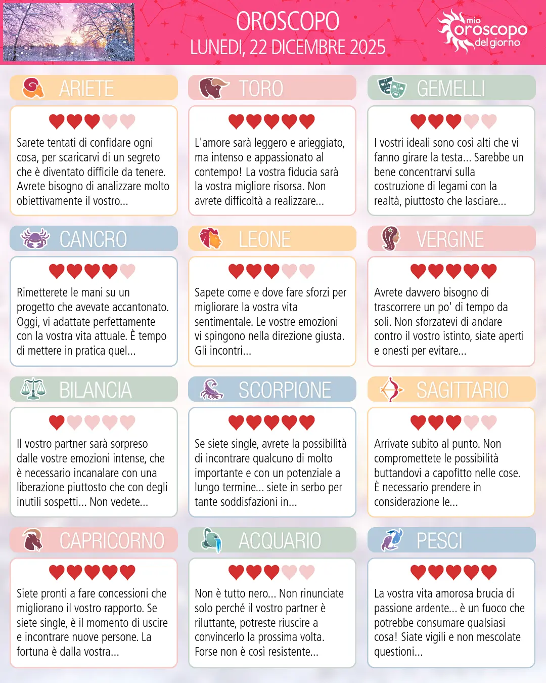 Oroscopo di lunedi 22 dicembre 2025