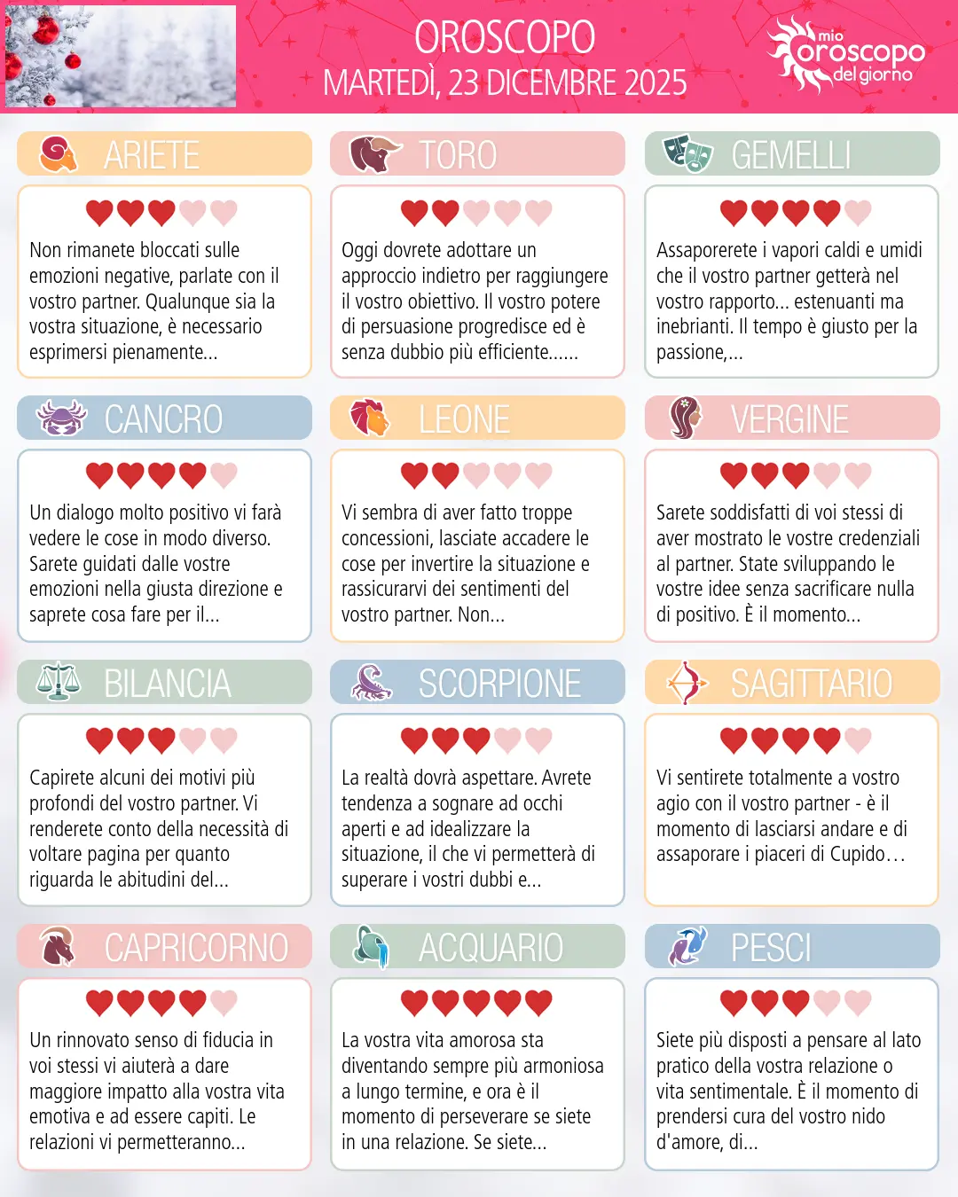 Oroscopo di martedì 23 dicembre 2025