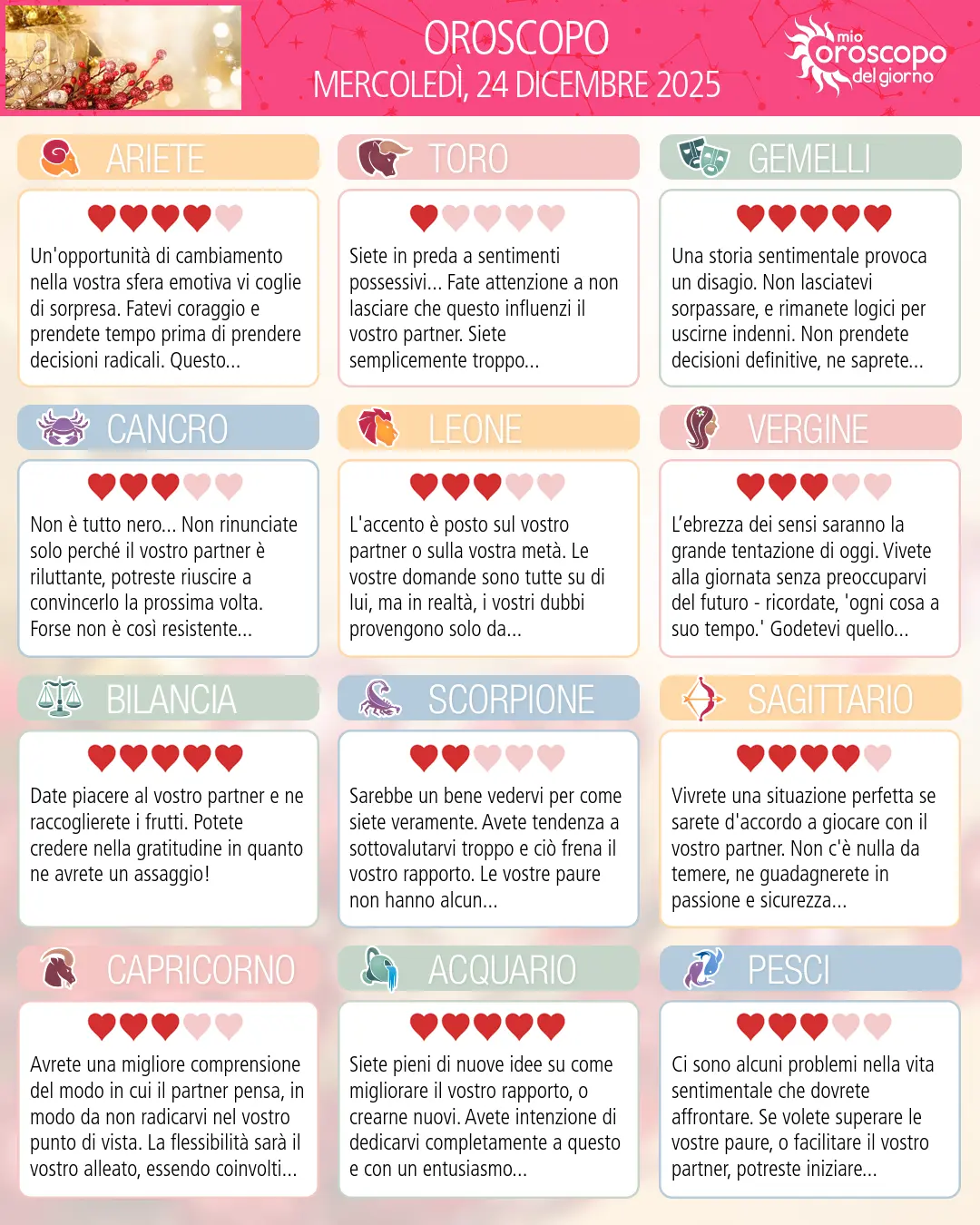Oroscopo di mercoledì 24 dicembre 2025
