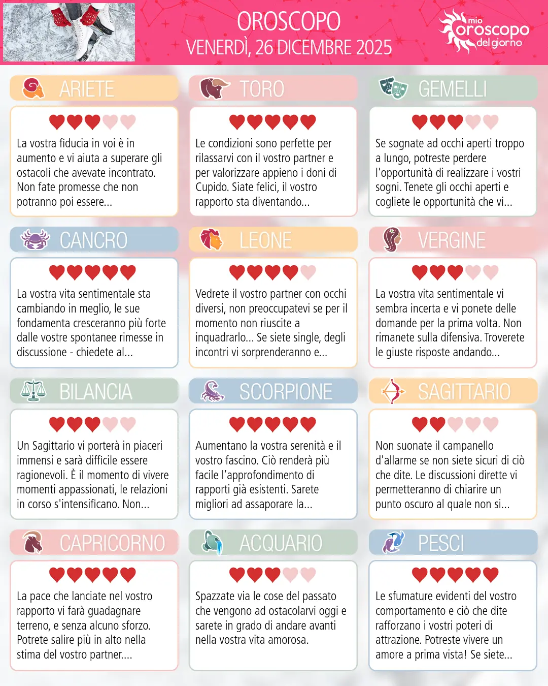 Oroscopo di venerdì 26 dicembre 2025