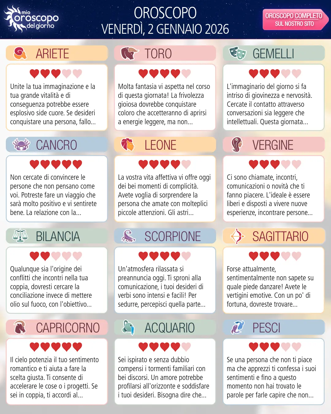 Oroscopo di venerdì 2 gennaio 2026