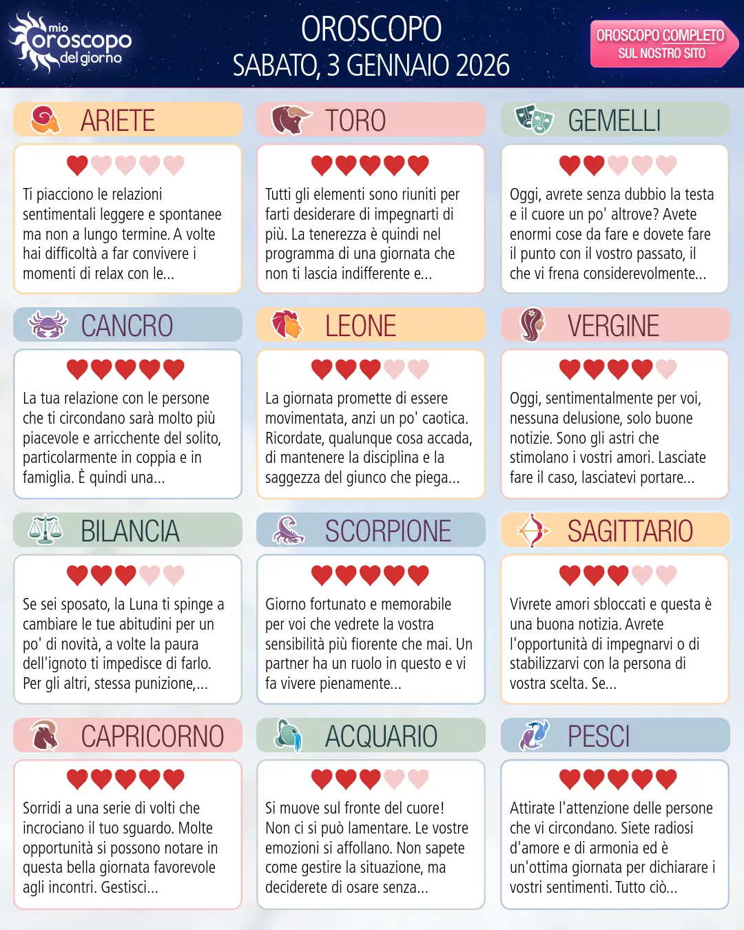 Oroscopo di sabato 3 gennaio 2026