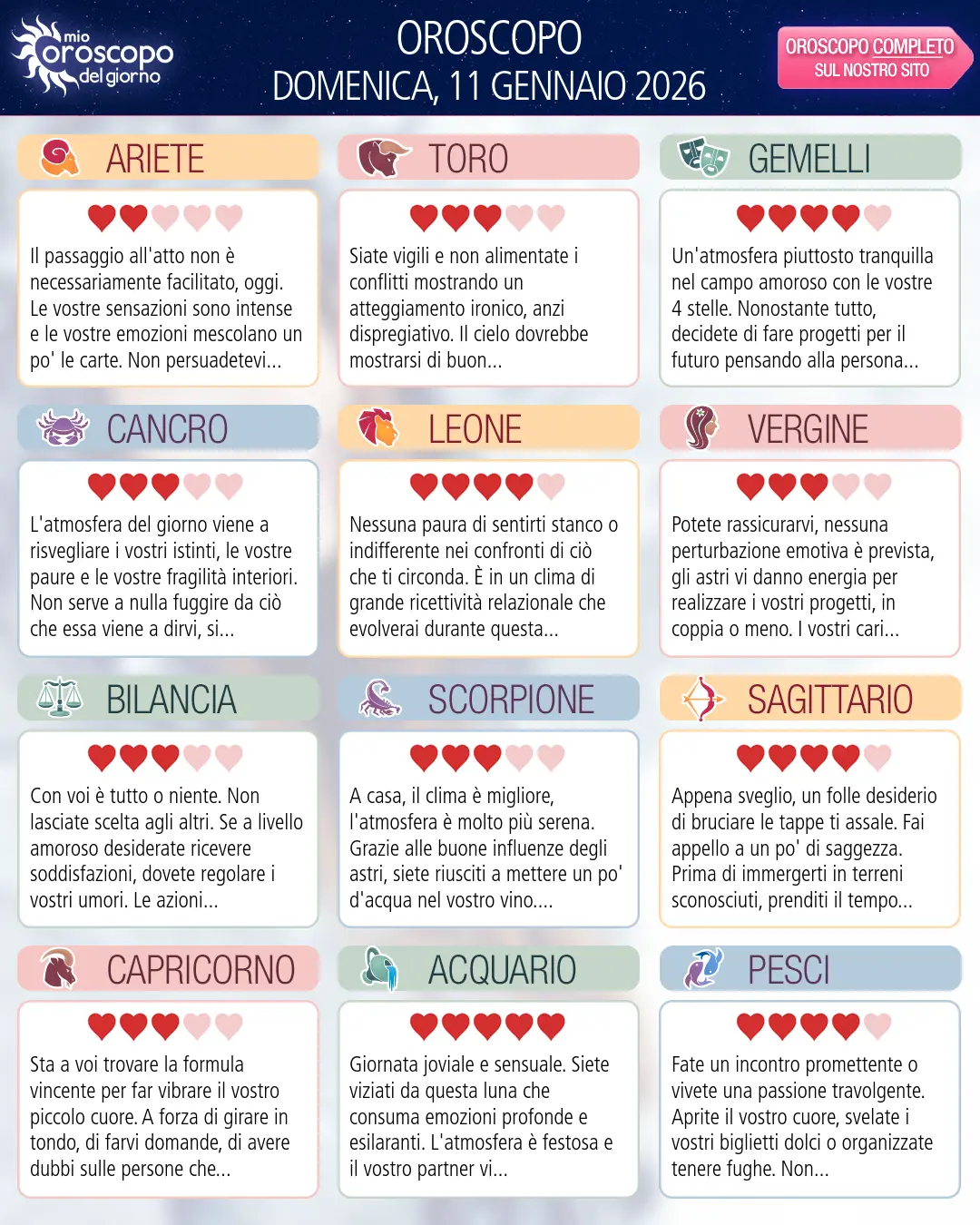 Oroscopo di domenica 11 gennaio 2026