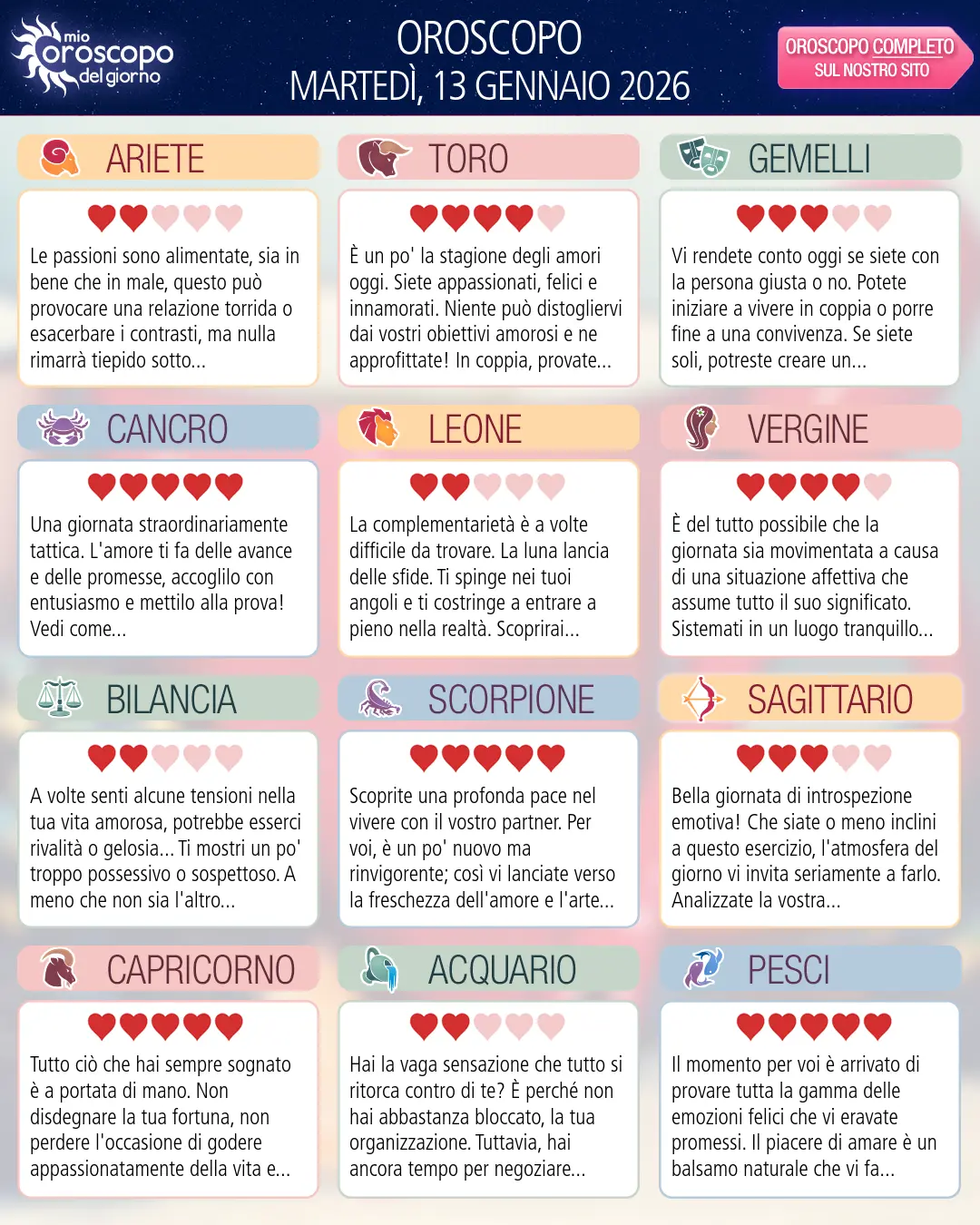 Oroscopo di martedì 13 gennaio 2026