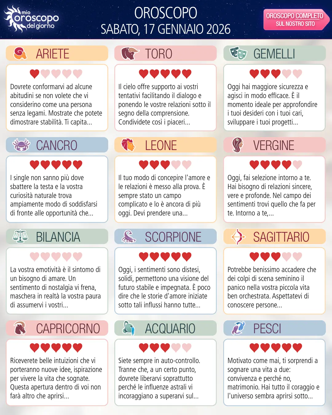 Oroscopo di sabato 17 gennaio 2026