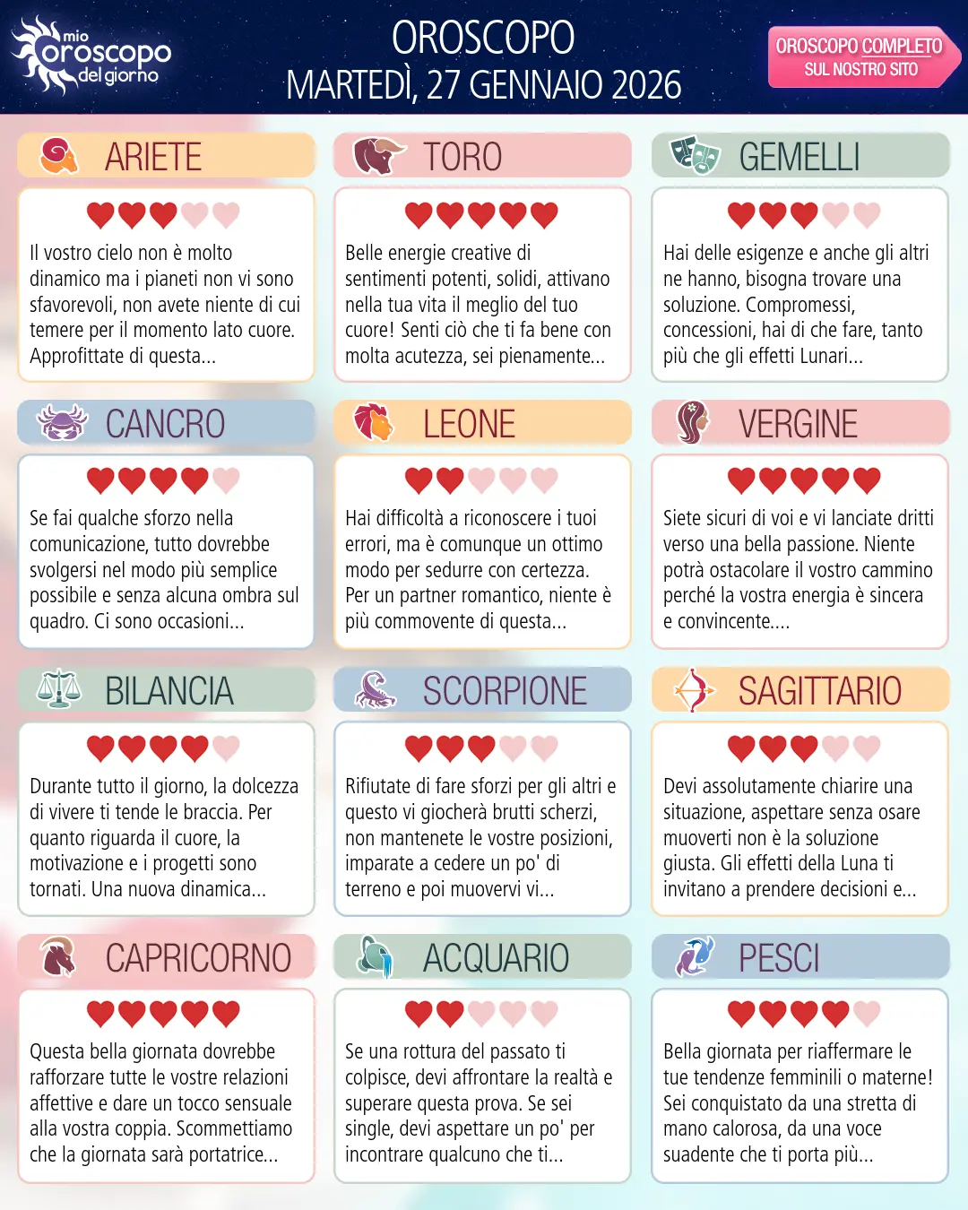 Oroscopo di martedì 27 gennaio 2026