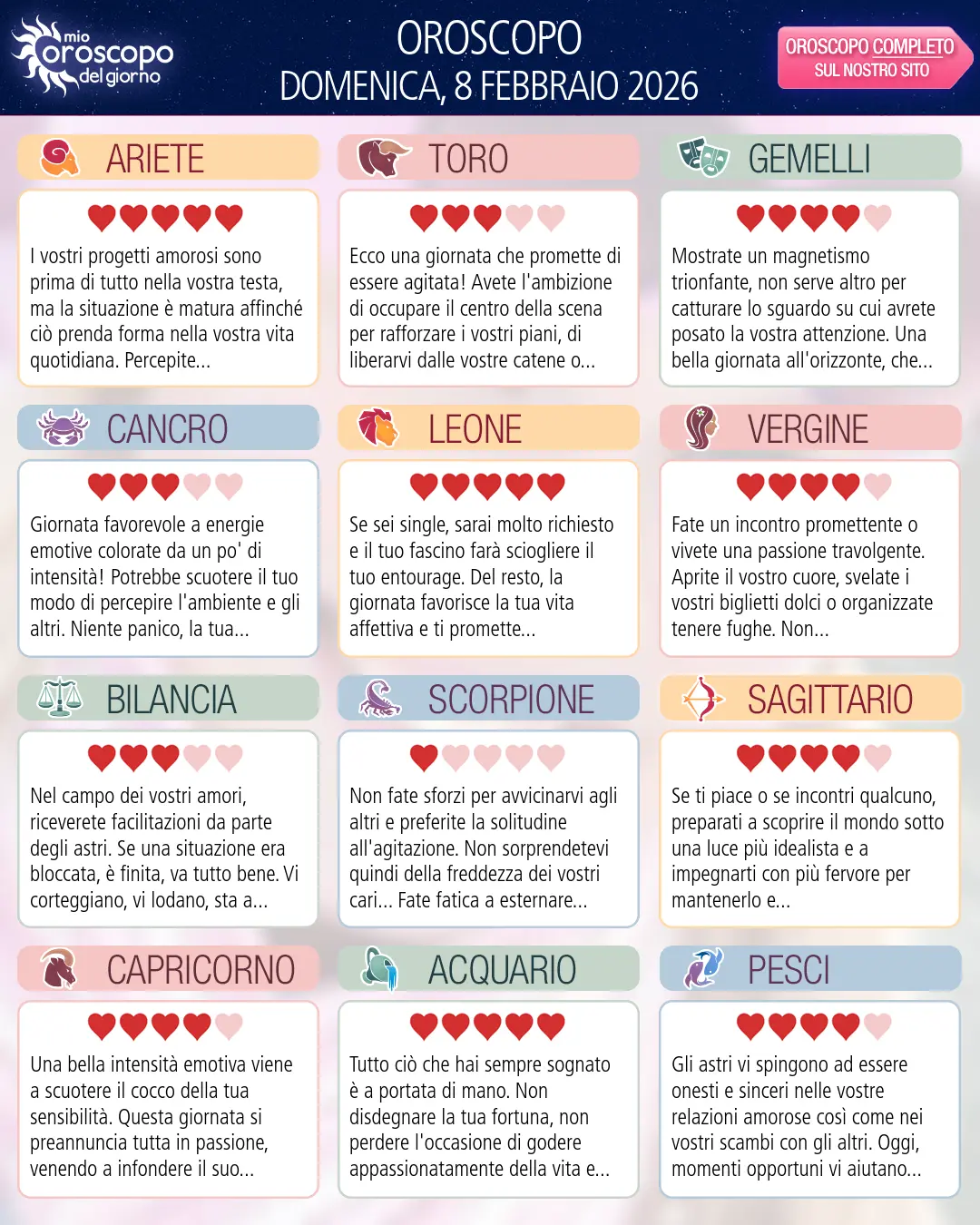 Oroscopo di domenica 8 febbraio 2026