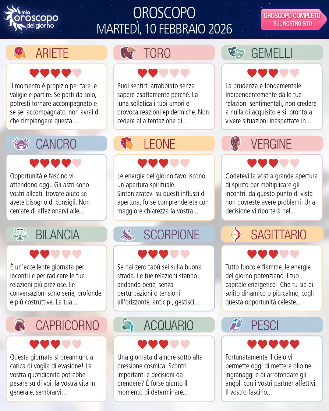 Oroscopo di martedì 10 febbraio 2026