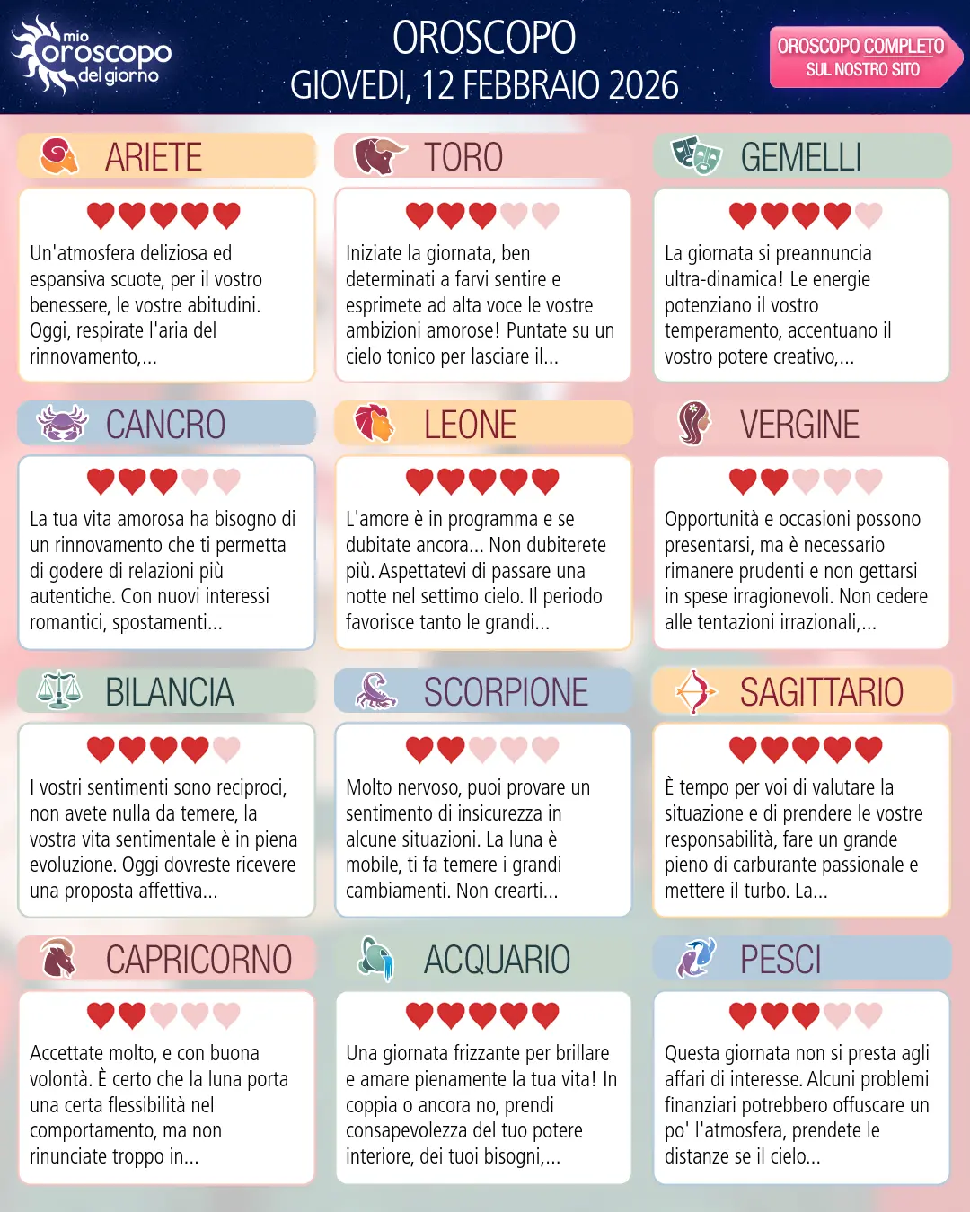 Oroscopo di giovedi 12 febbraio 2026