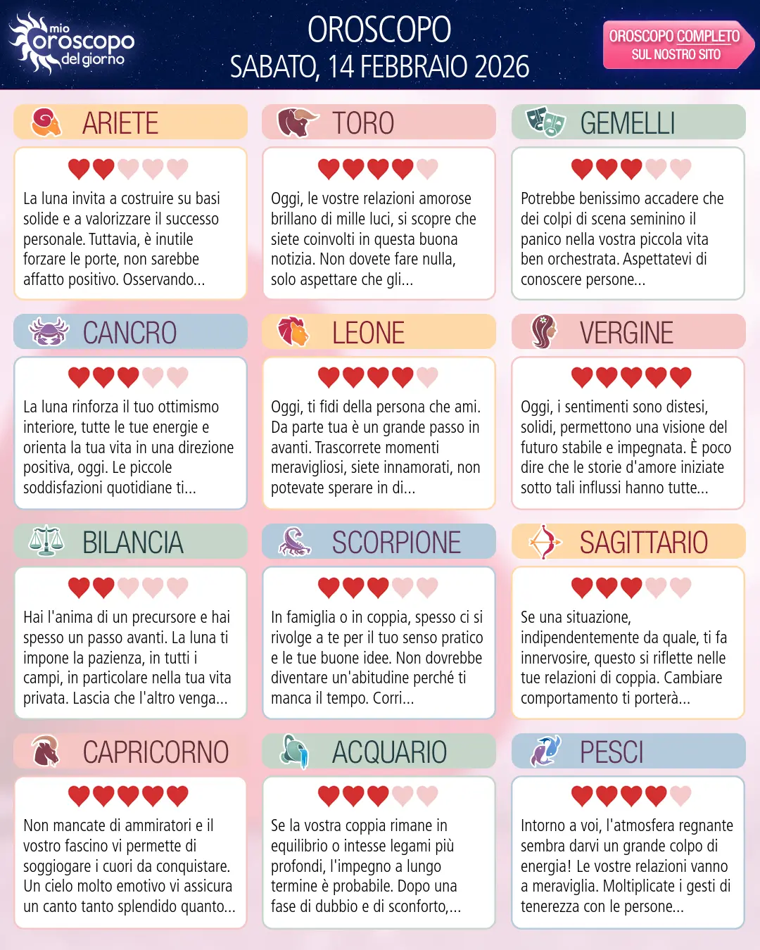 Oroscopo di sabato 14 febbraio 2026