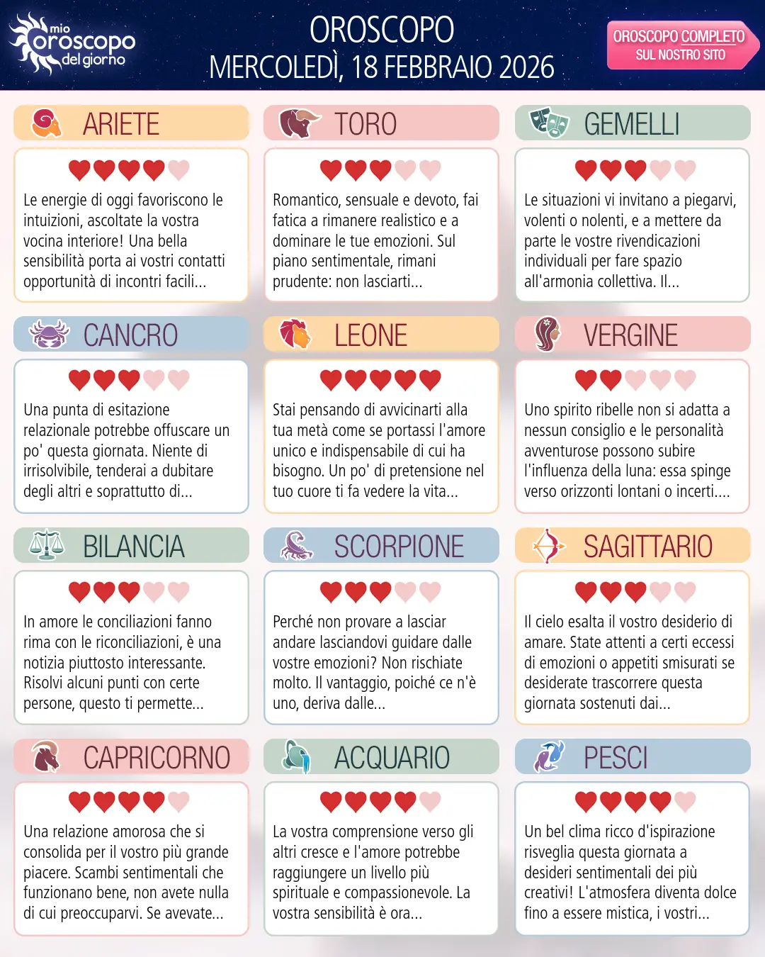 Oroscopo di mercoledì 18 febbraio 2026