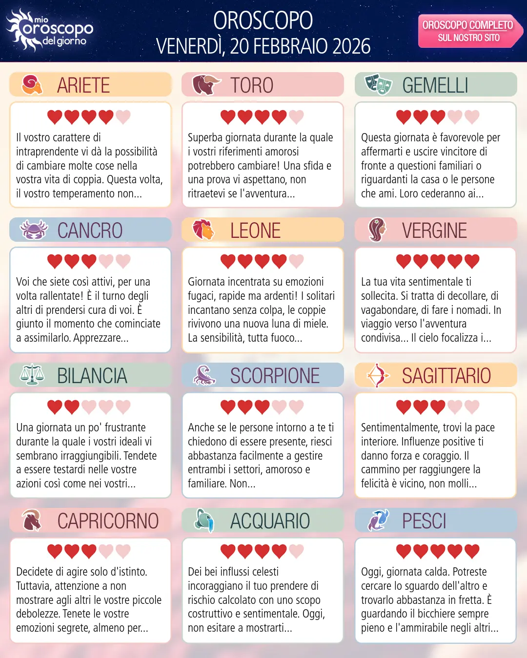 Oroscopo di venerdì 20 febbraio 2026