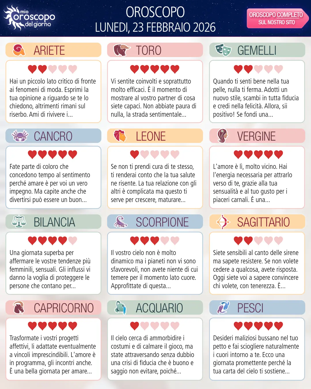Oroscopo di lunedi 23 febbraio 2026