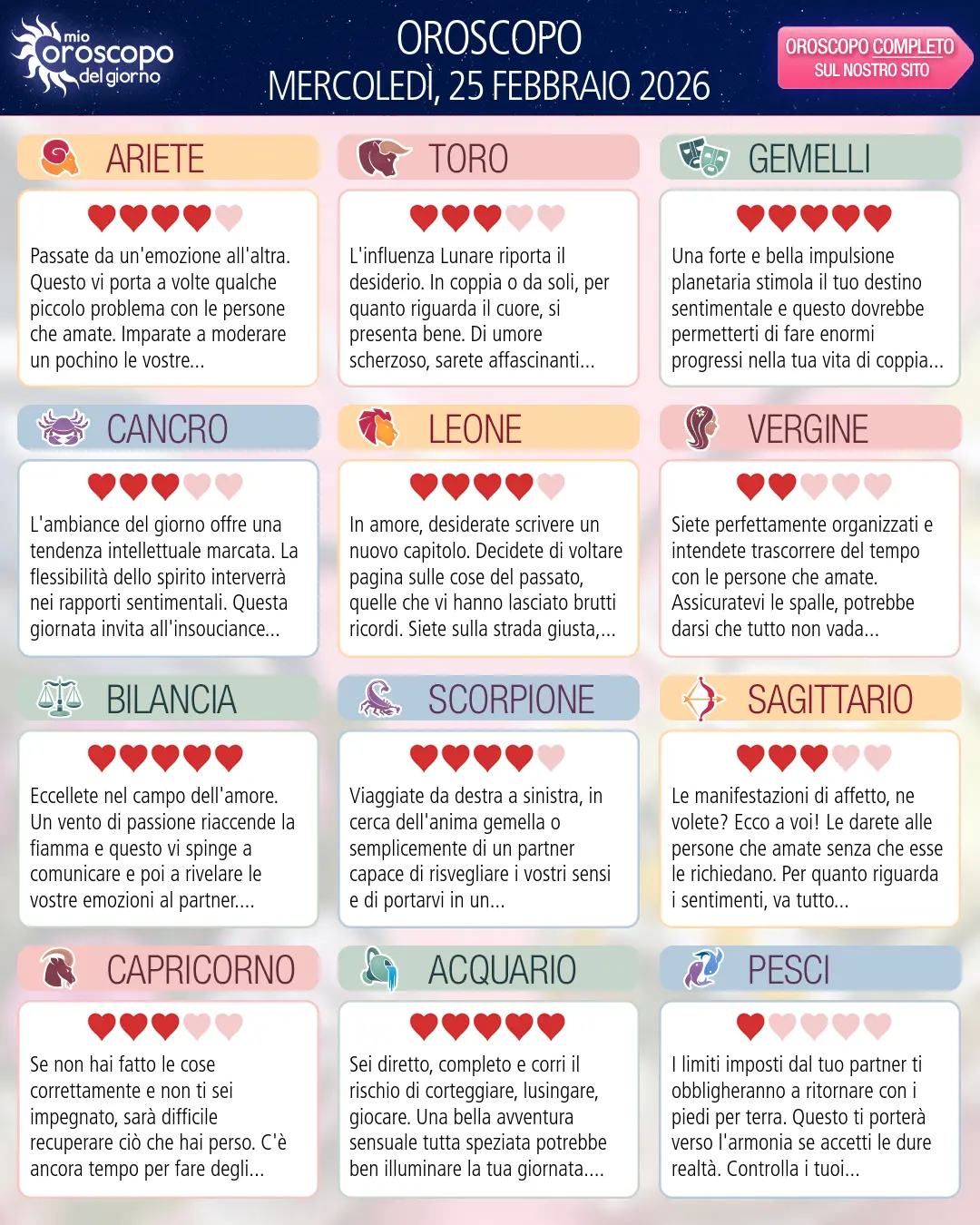 Oroscopo di mercoledì 25 febbraio 2026