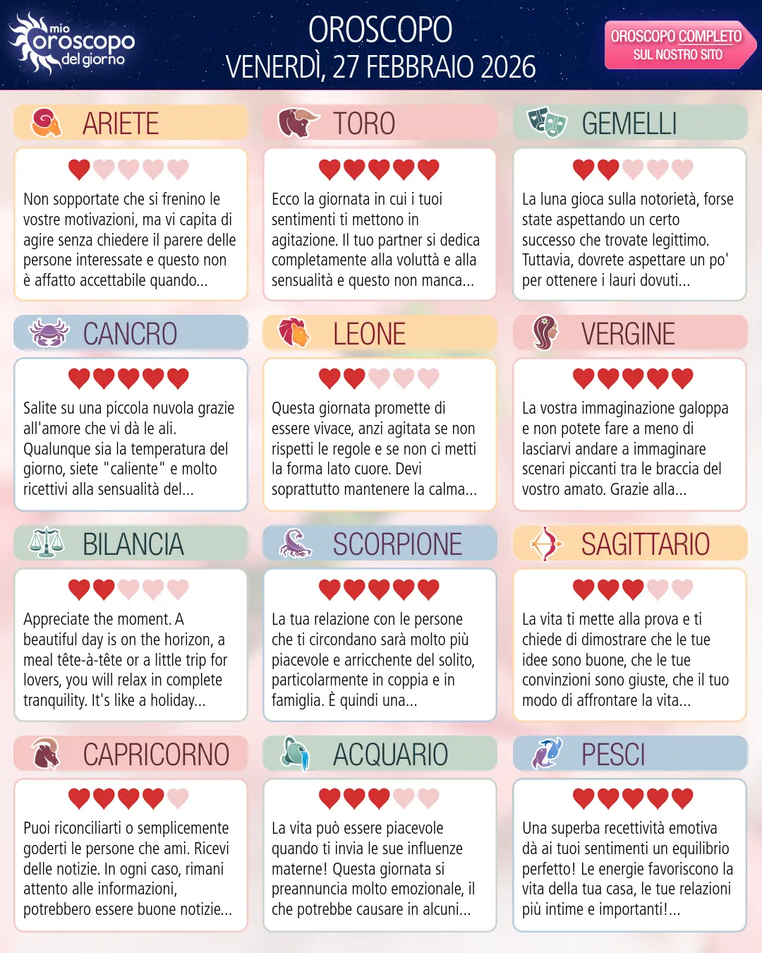 Oroscopo di venerdì 27 febbraio 2026