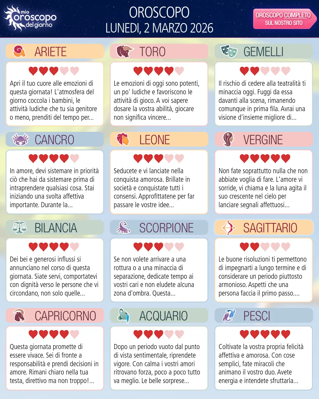 Oroscopo di lunedi 2 marzo 2026