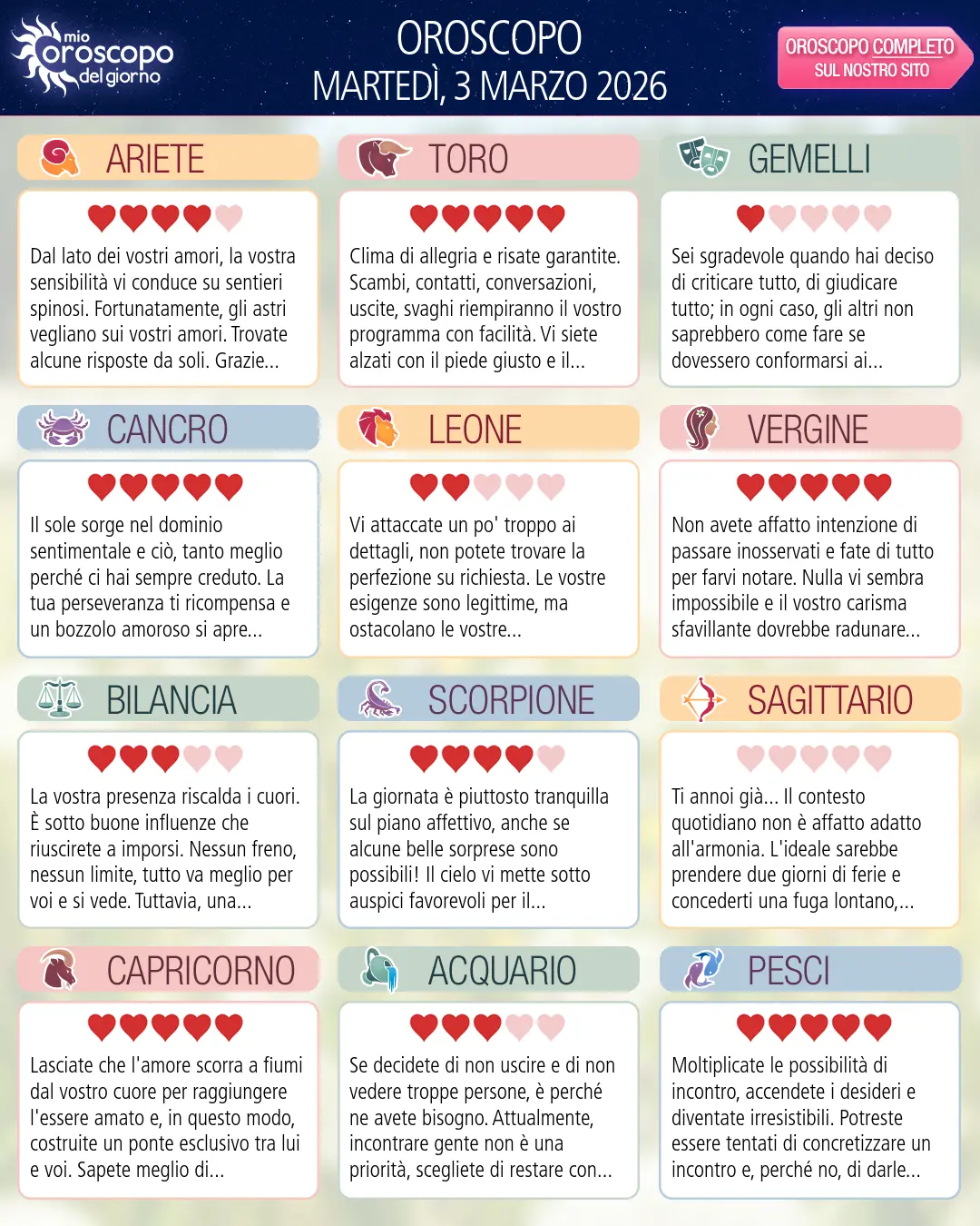 Oroscopo di martedì 3 marzo 2026