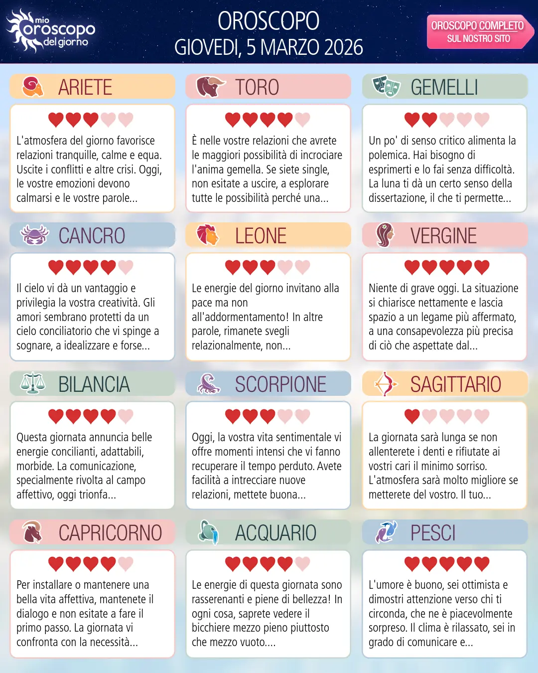 Oroscopo di giovedi 5 marzo 2026