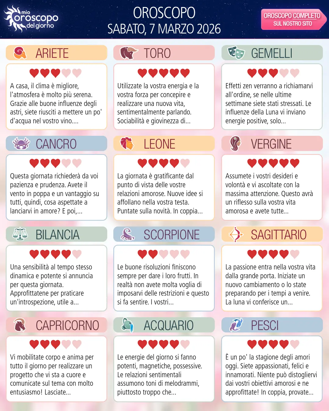 Oroscopo di sabato 7 marzo 2026