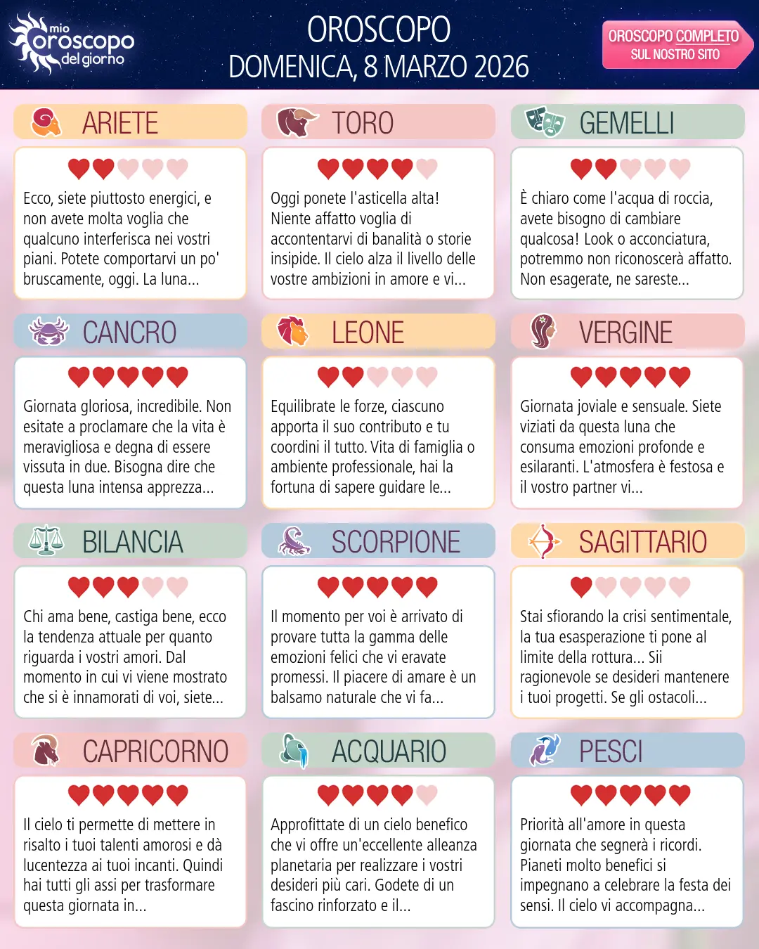 Oroscopo di domenica 8 marzo 2026