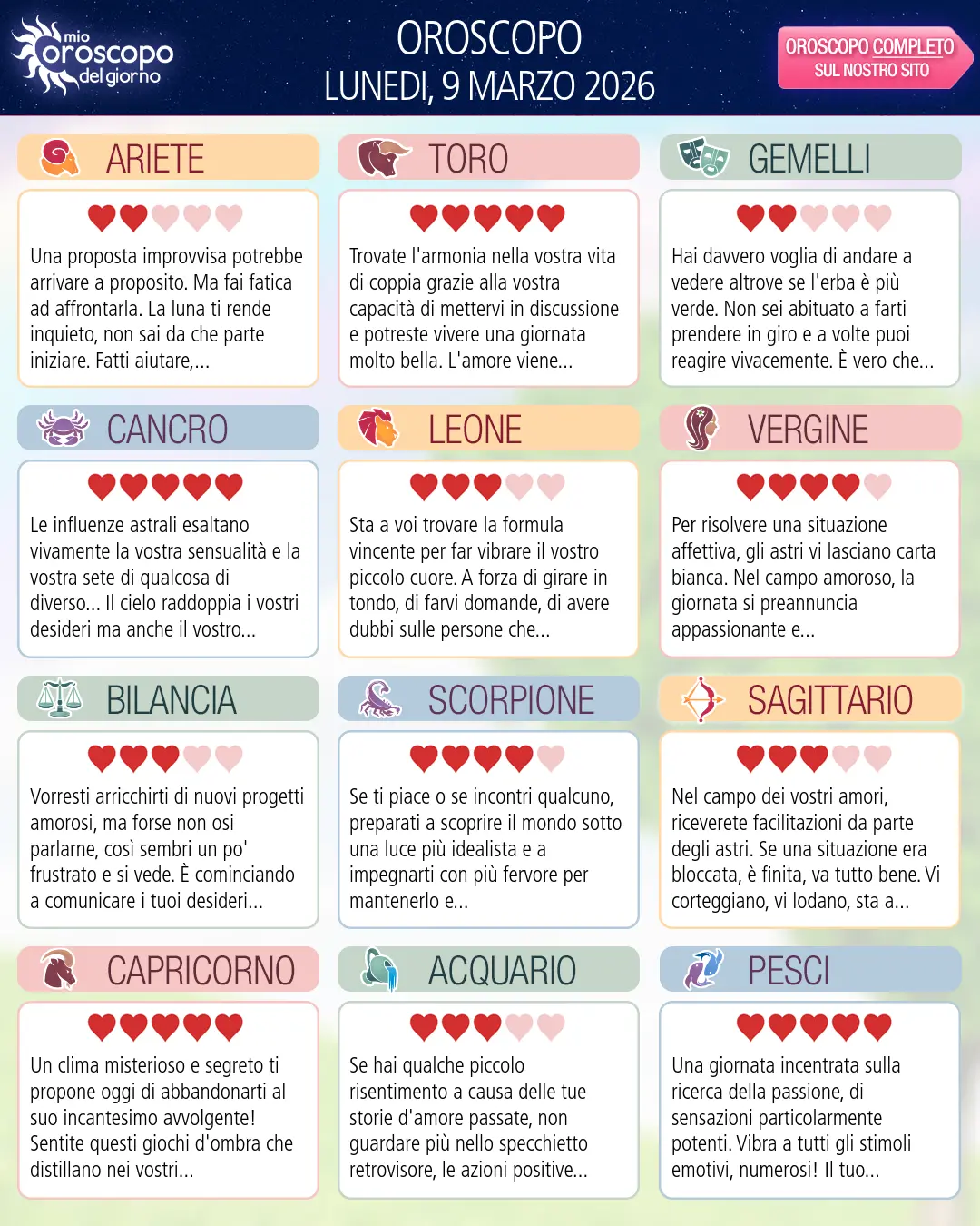 Oroscopo di lunedi 9 marzo 2026