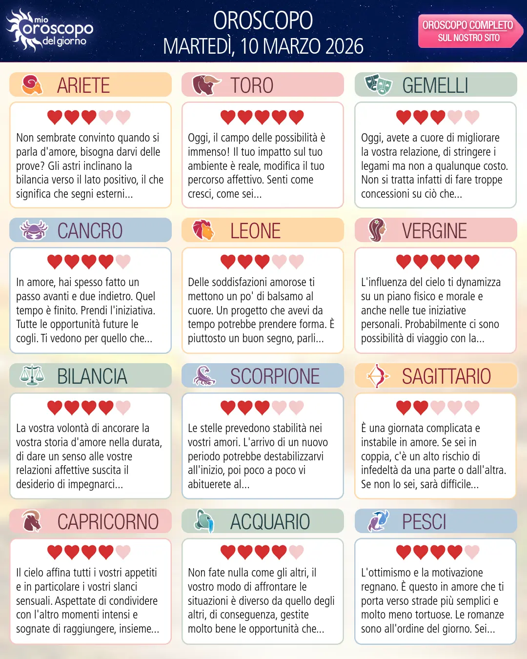 Oroscopo di martedì 10 marzo 2026